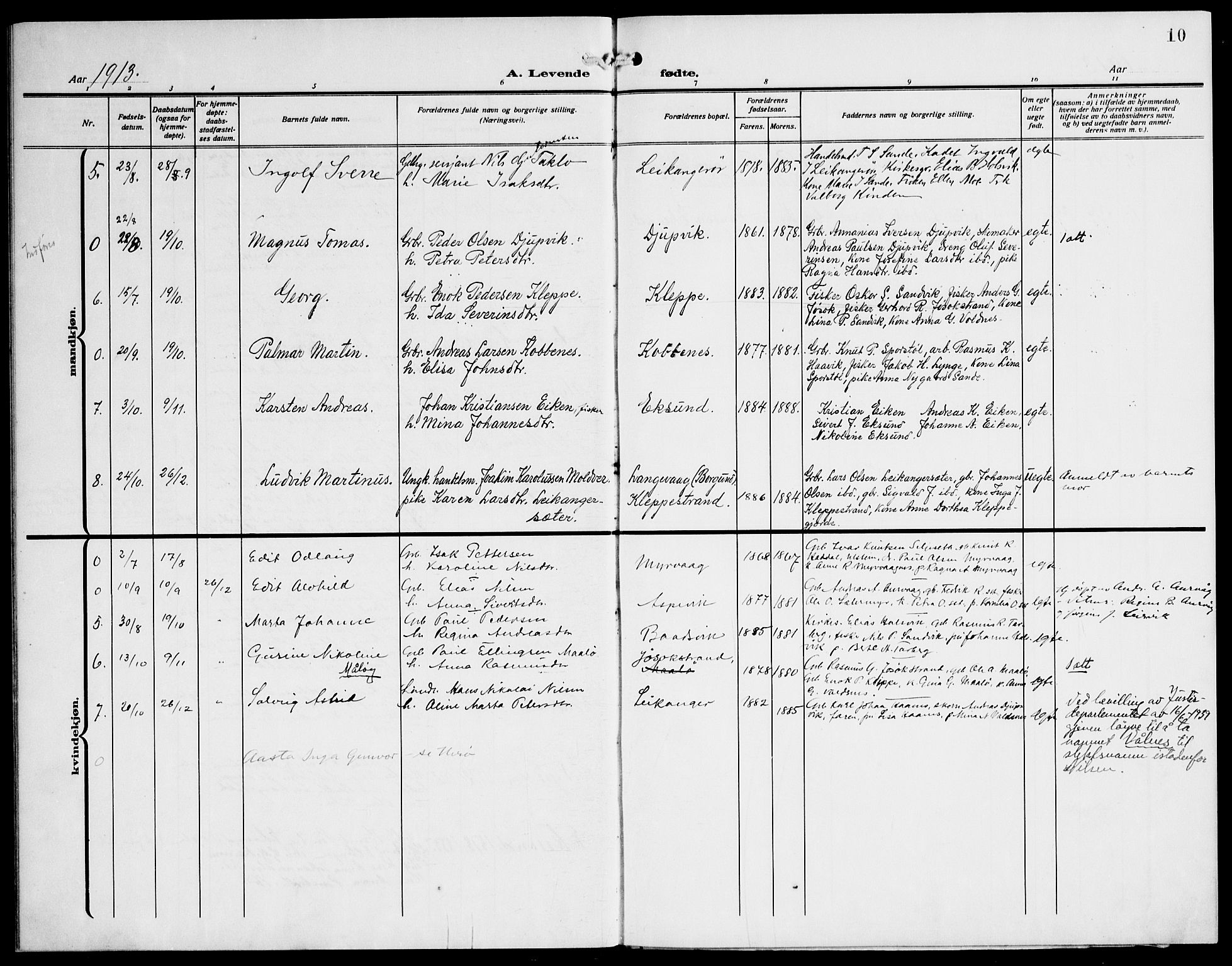 Ministerialprotokoller, klokkerbøker og fødselsregistre - Møre og Romsdal, AV/SAT-A-1454/508/L0096: Parish register (official) no. 508A03, 1911-1920, p. 10