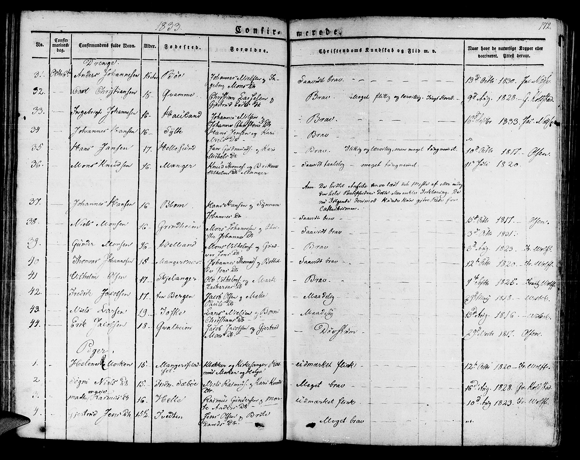 Manger sokneprestembete, AV/SAB-A-76801/H/Haa: Parish register (official) no. A 4, 1824-1838, p. 172