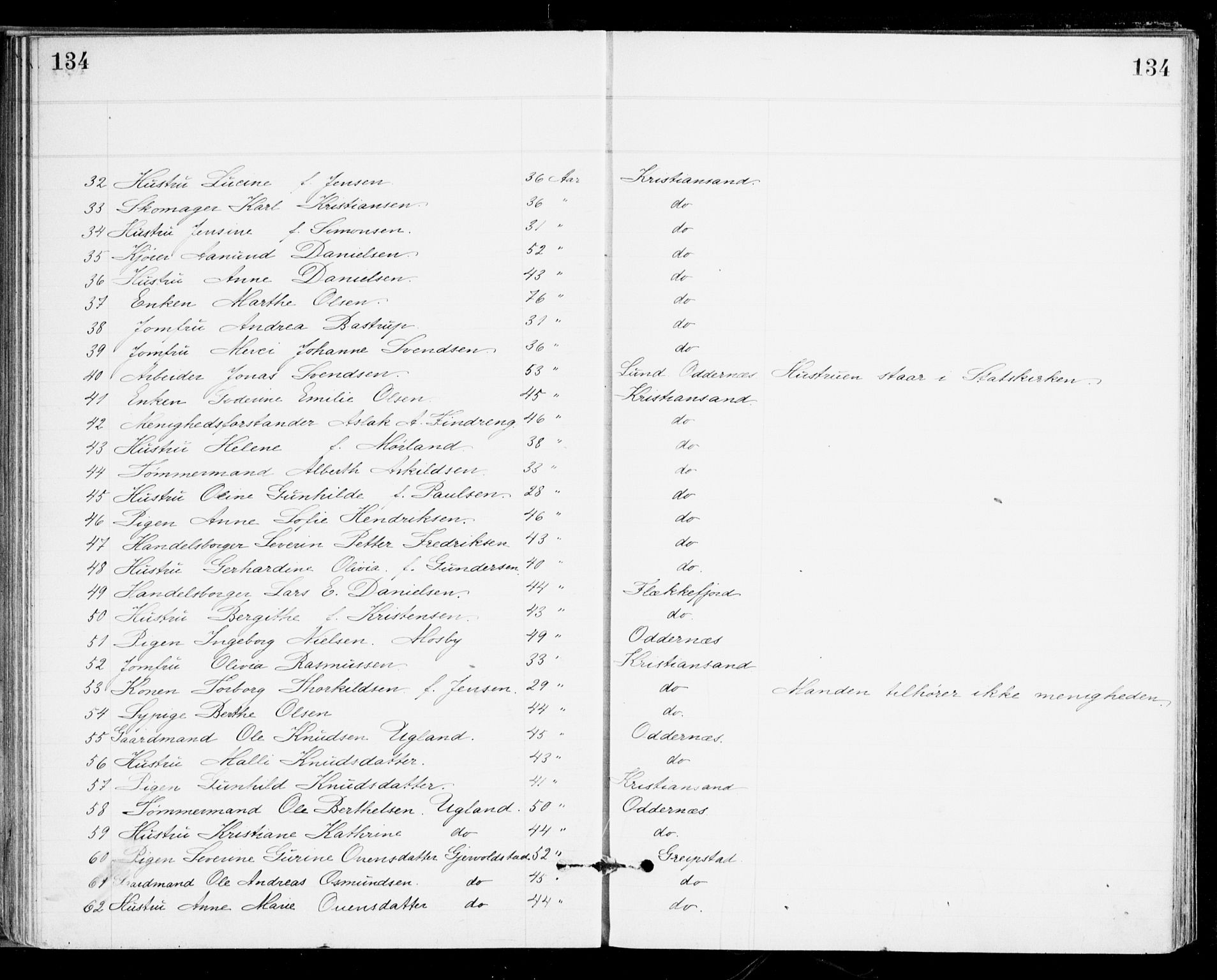 Den evangelisk-lutherske frikirke, Kristiansand, AV/SAK-1292-0017/F/Fa/L0002: Dissenter register no. F 10, 1889-1892, p. 134