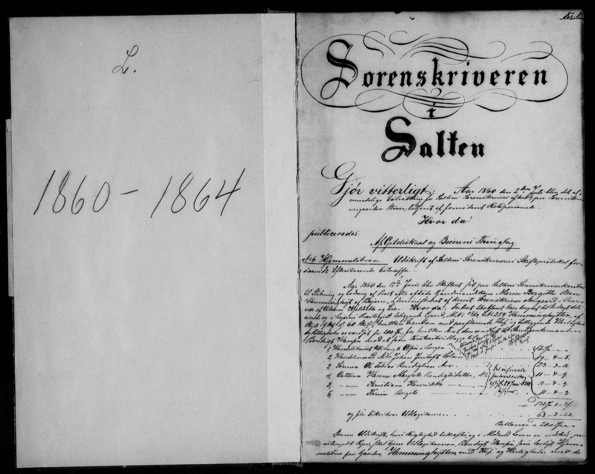 Salten sorenskriveri, SAT/A-4578/1/2/2C/L0011: Mortgage book no. L, 1860-1864, p. 1