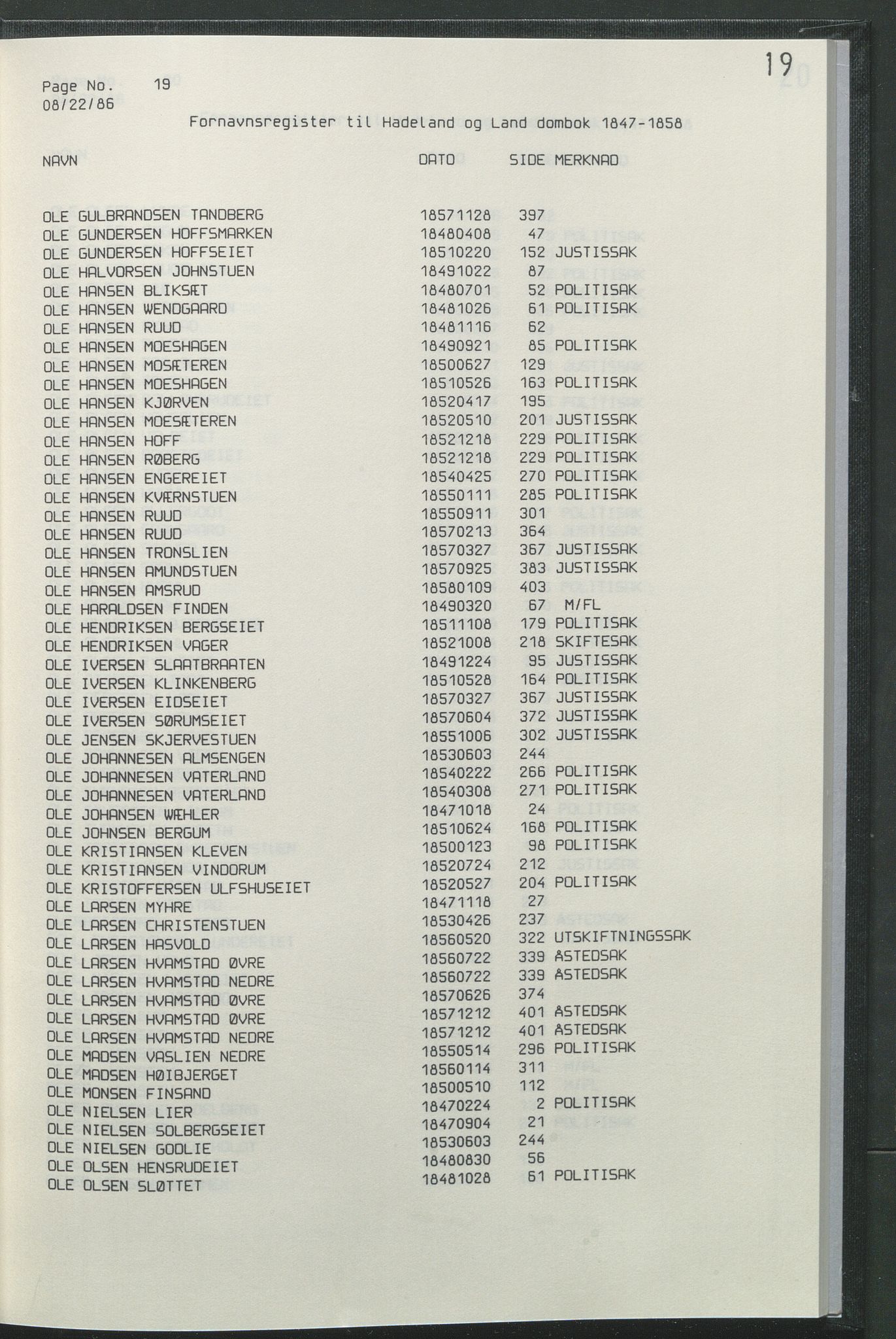 Statsarkivet i Hamar, AV/SAH-SAH-001/H/Hb/L0001/0004: Egne registre og hjelpemidler / Register  til Hadeland og Land sorenskriveri dombok 1 (1847 - 1858), 1847-1858, p. 19