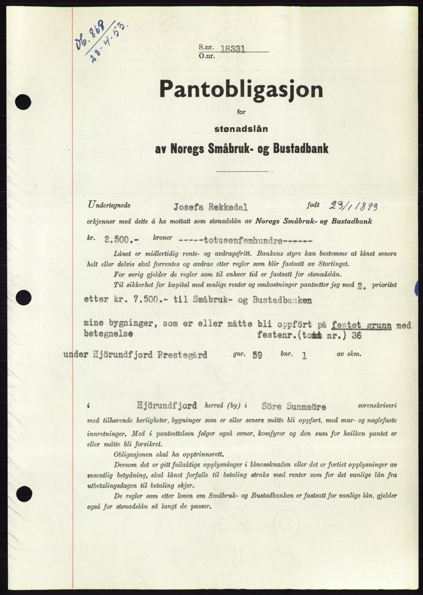 Søre Sunnmøre sorenskriveri, SAT/A-4122/1/2/2C/L0123: Mortgage book no. 11B, 1953-1953, Diary no: : 868/1953