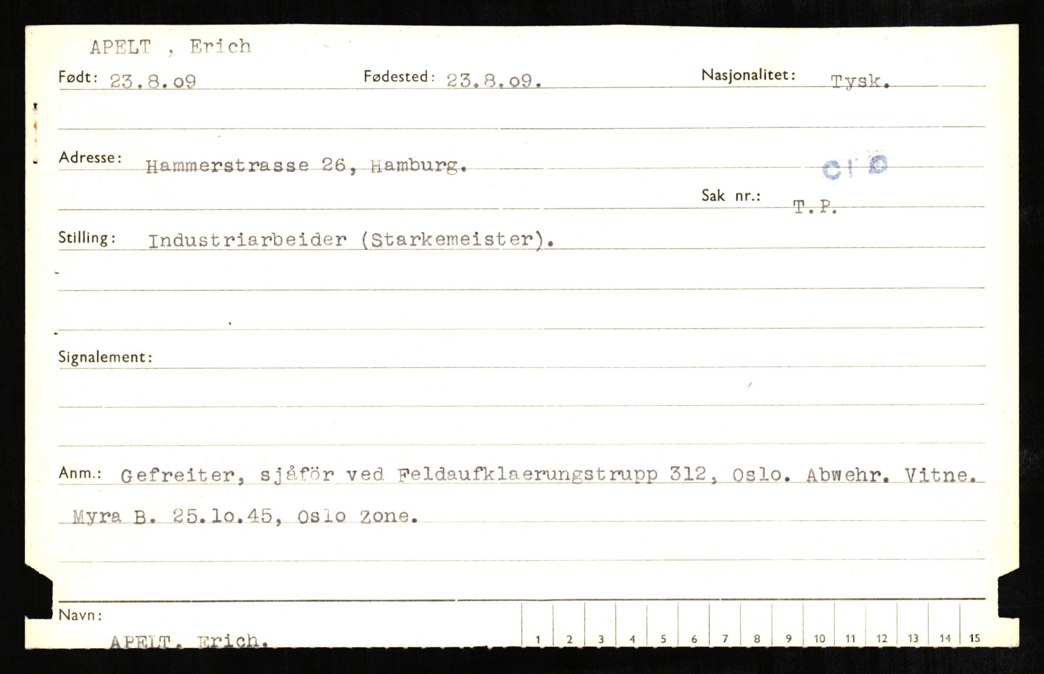 Forsvaret, Forsvarets overkommando II, AV/RA-RAFA-3915/D/Db/L0001: CI Questionaires. Tyske okkupasjonsstyrker i Norge. Tyskere., 1945-1946, p. 257