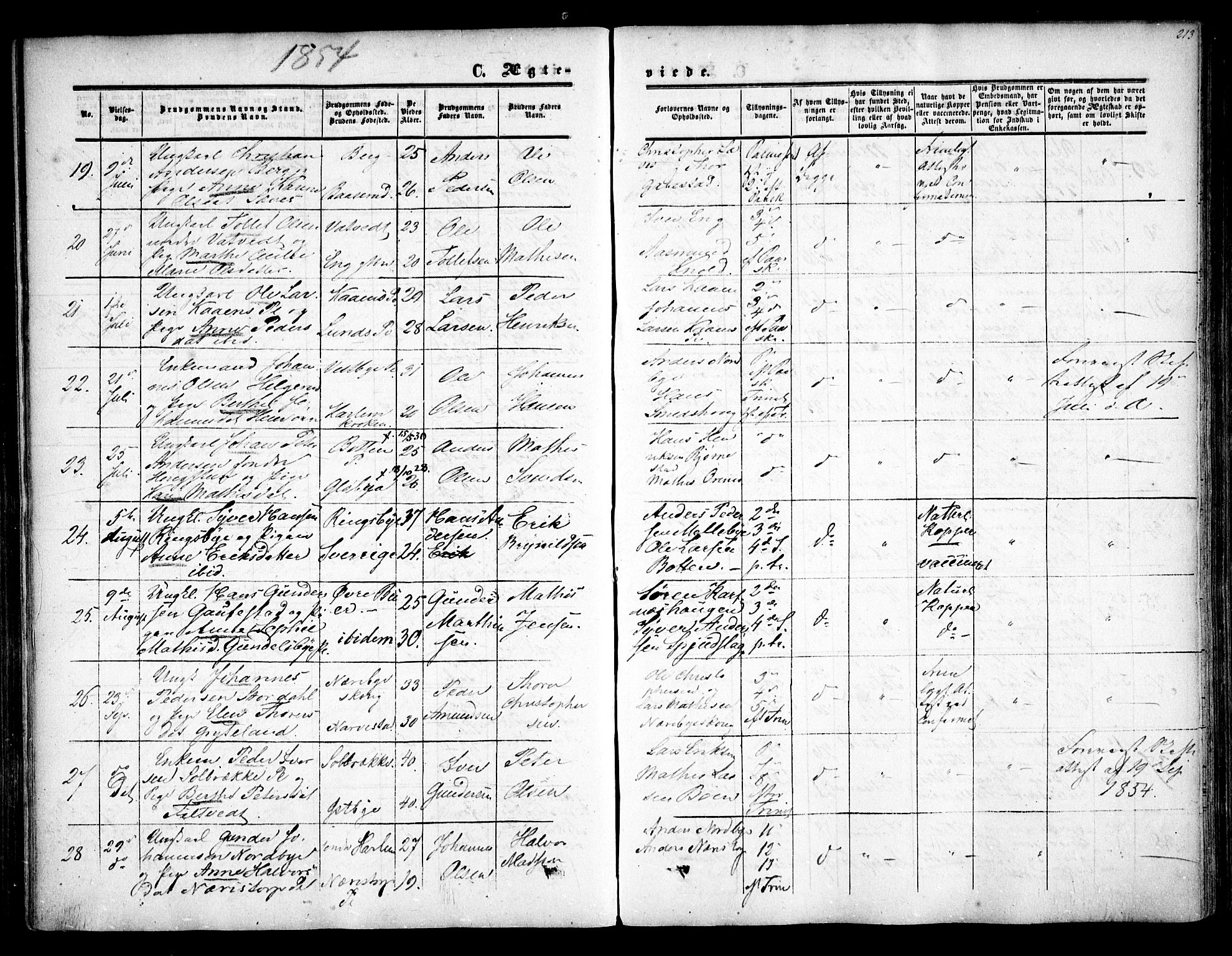 Rakkestad prestekontor Kirkebøker, AV/SAO-A-2008/F/Fa/L0009: Parish register (official) no. I 9, 1850-1856, p. 213