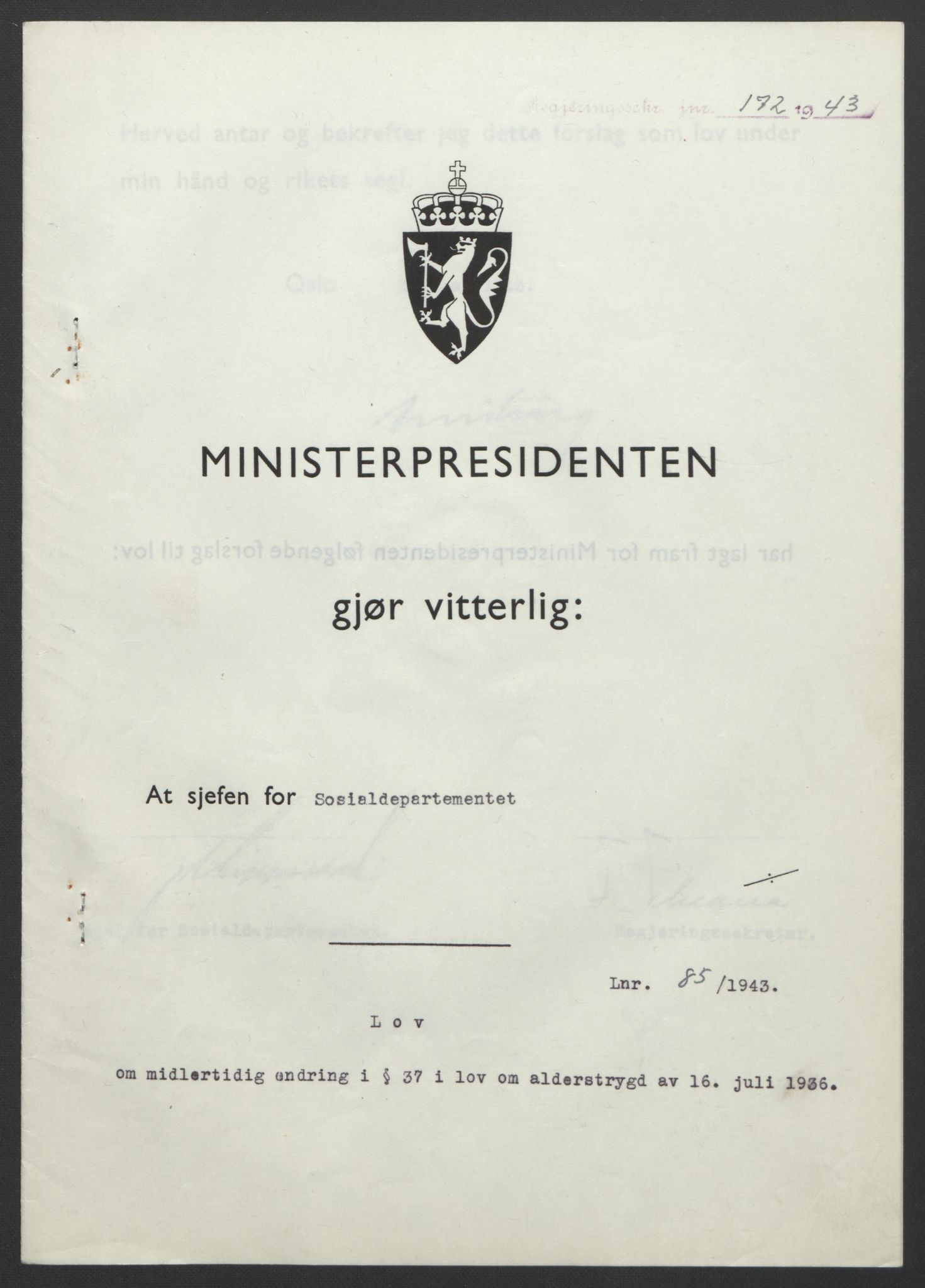 NS-administrasjonen 1940-1945 (Statsrådsekretariatet, de kommisariske statsråder mm), RA/S-4279/D/Db/L0099: Lover, 1943, p. 388