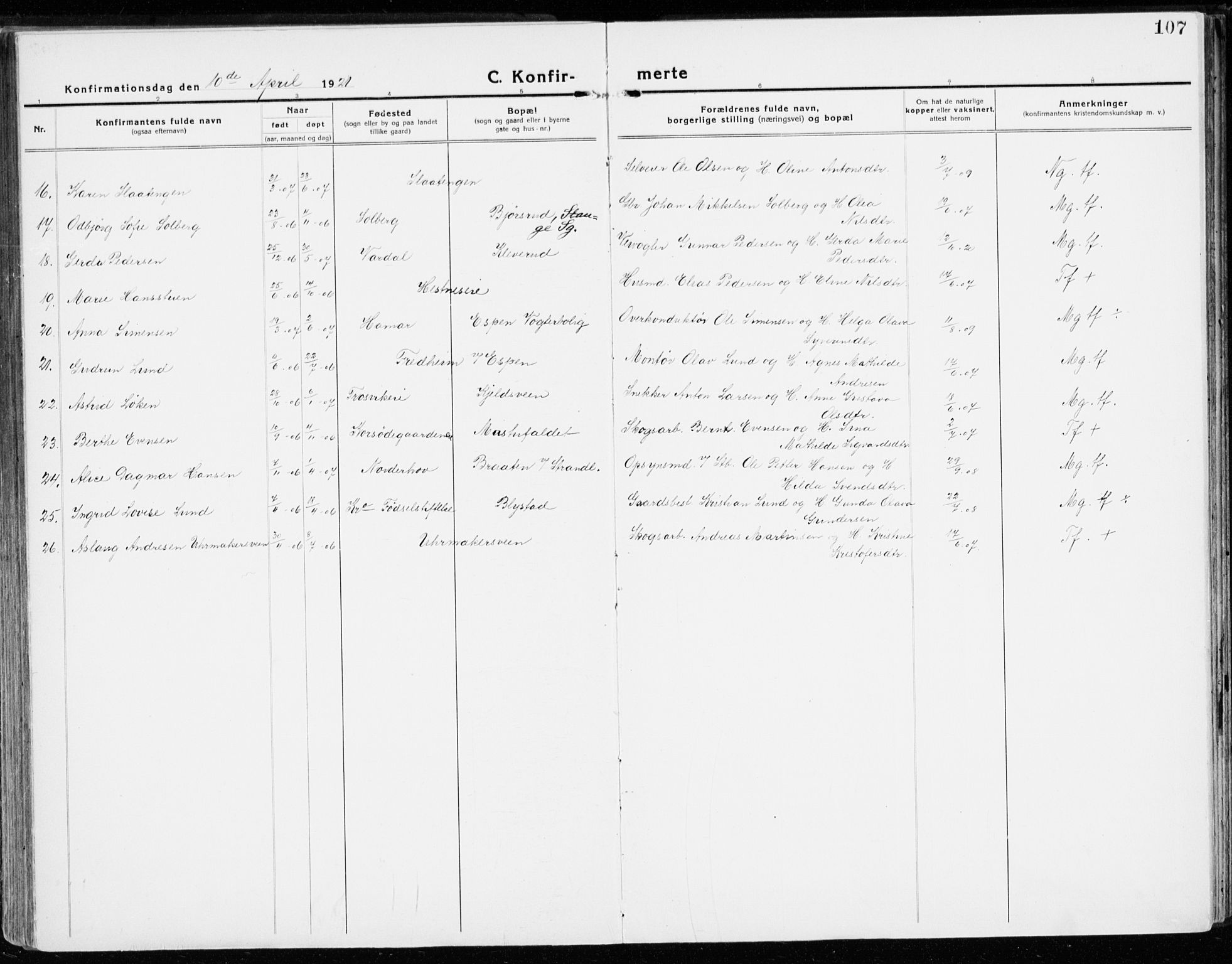 Stange prestekontor, AV/SAH-PREST-002/K/L0025: Parish register (official) no. 25, 1921-1945, p. 107