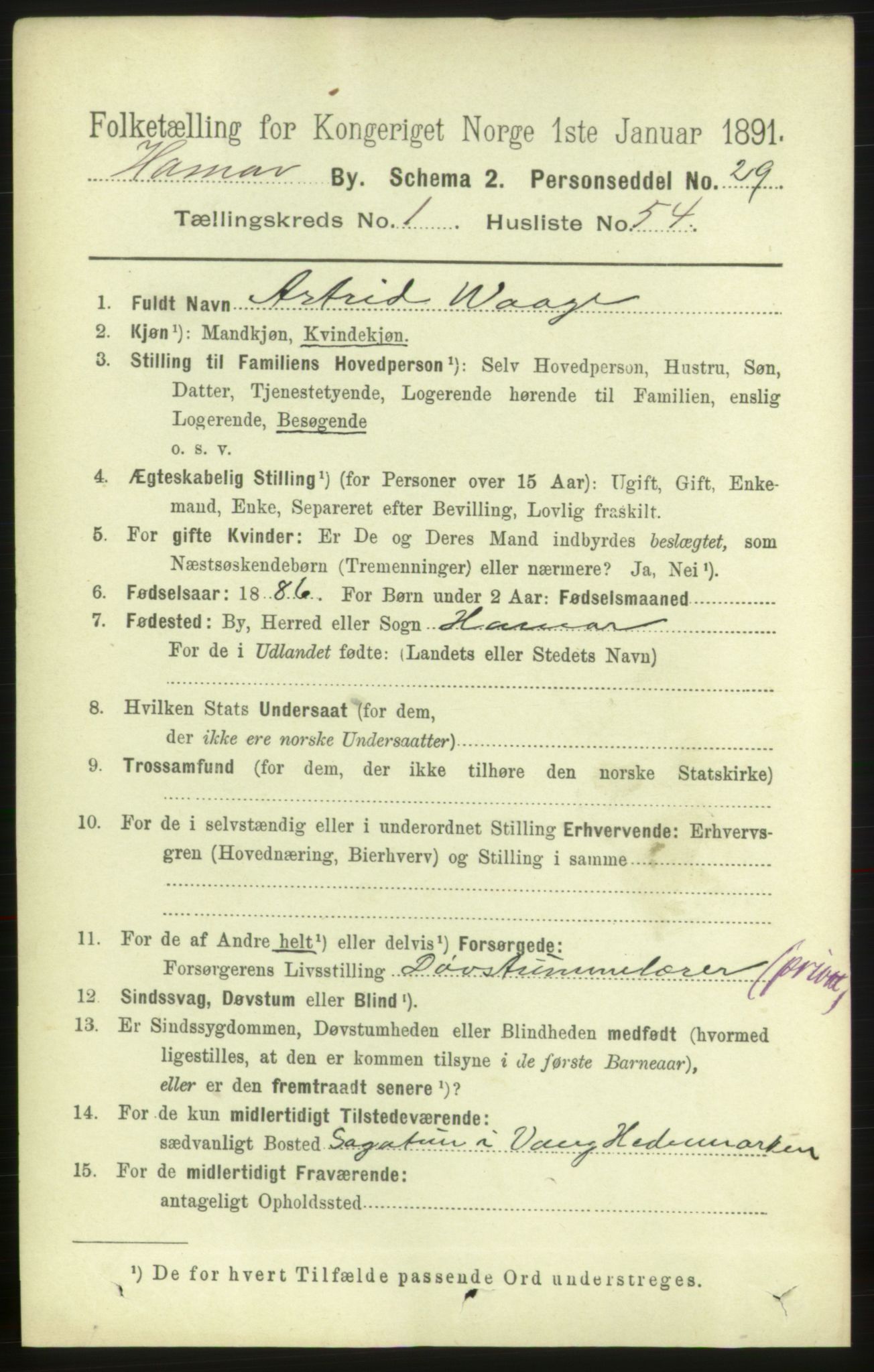 RA, 1891 census for 0401 Hamar, 1891, p. 963