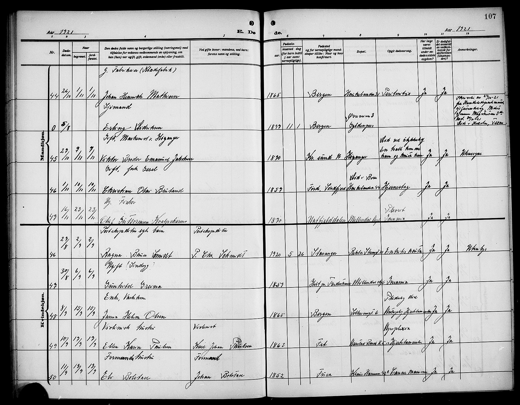 Årstad Sokneprestembete, AV/SAB-A-79301/H/Hab/L0024: Parish register (copy) no. D 1, 1915-1922, p. 107