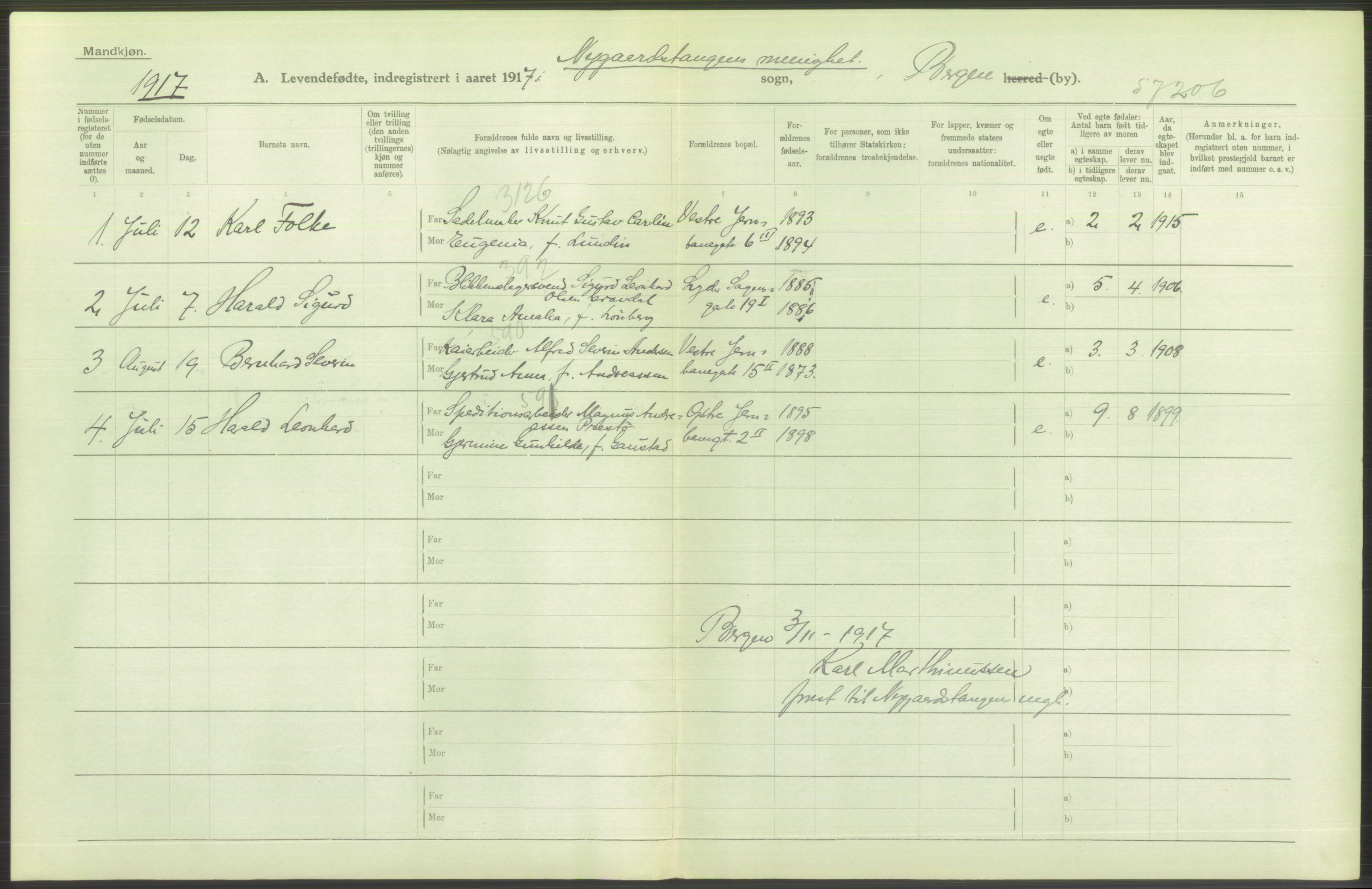 Statistisk sentralbyrå, Sosiodemografiske emner, Befolkning, RA/S-2228/D/Df/Dfb/Dfbg/L0037: Bergen: Levendefødte menn og kvinner., 1917, p. 514