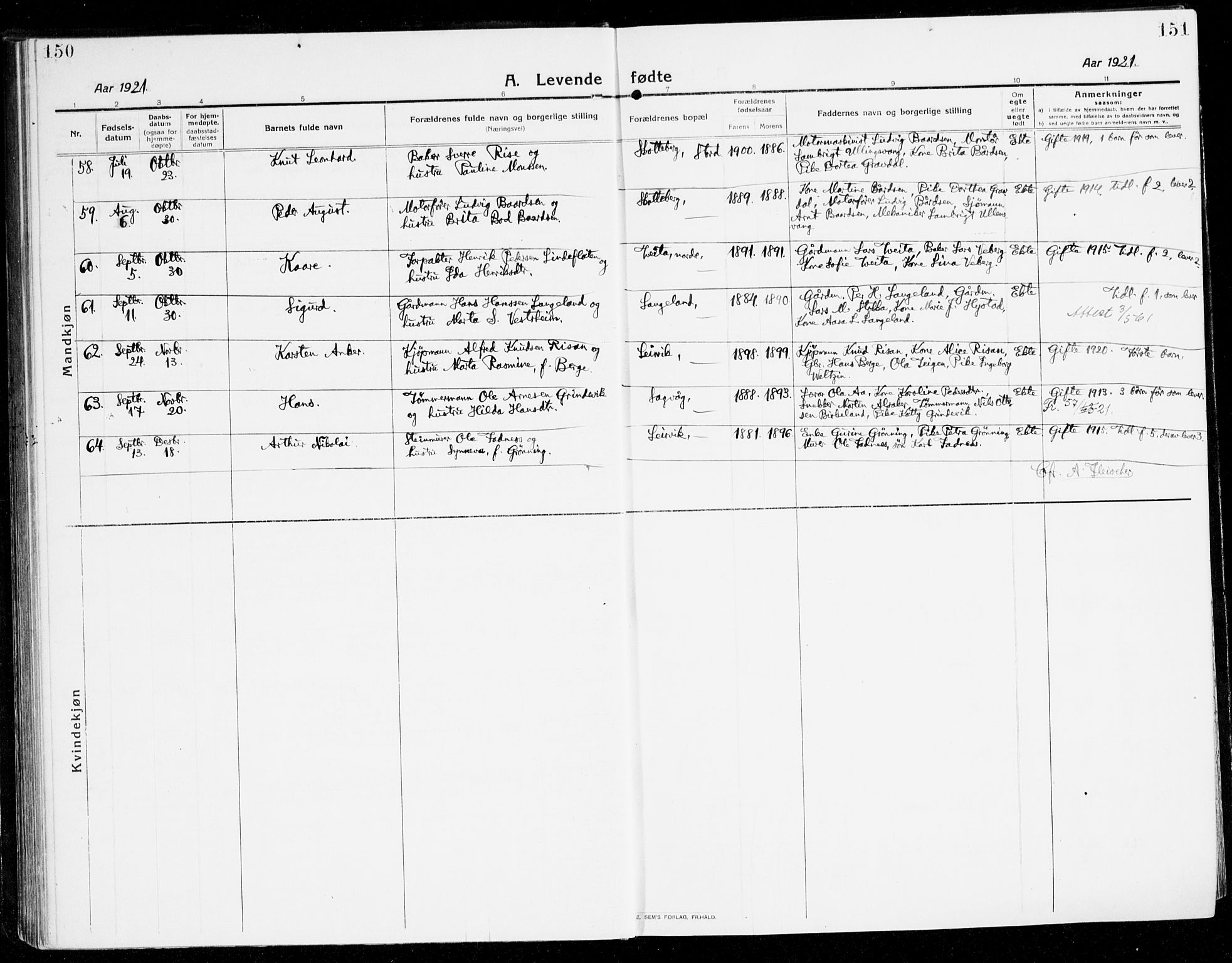 Stord sokneprestembete, AV/SAB-A-78201/H/Haa: Parish register (official) no. B 3, 1913-1925, p. 150-151