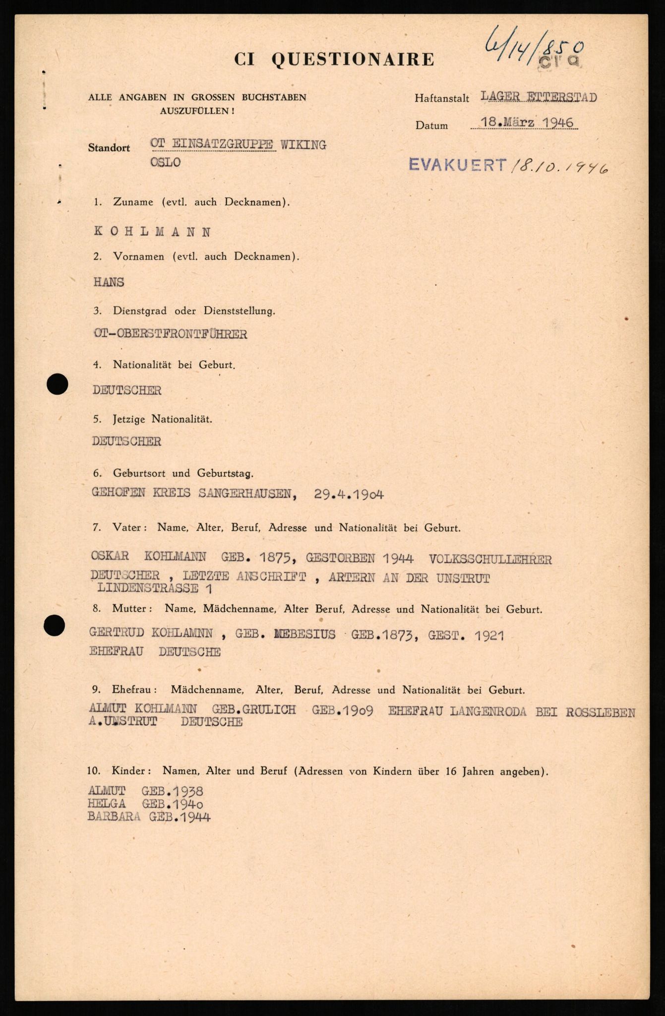 Forsvaret, Forsvarets overkommando II, AV/RA-RAFA-3915/D/Db/L0017: CI Questionaires. Tyske okkupasjonsstyrker i Norge. Tyskere., 1945-1946, p. 447