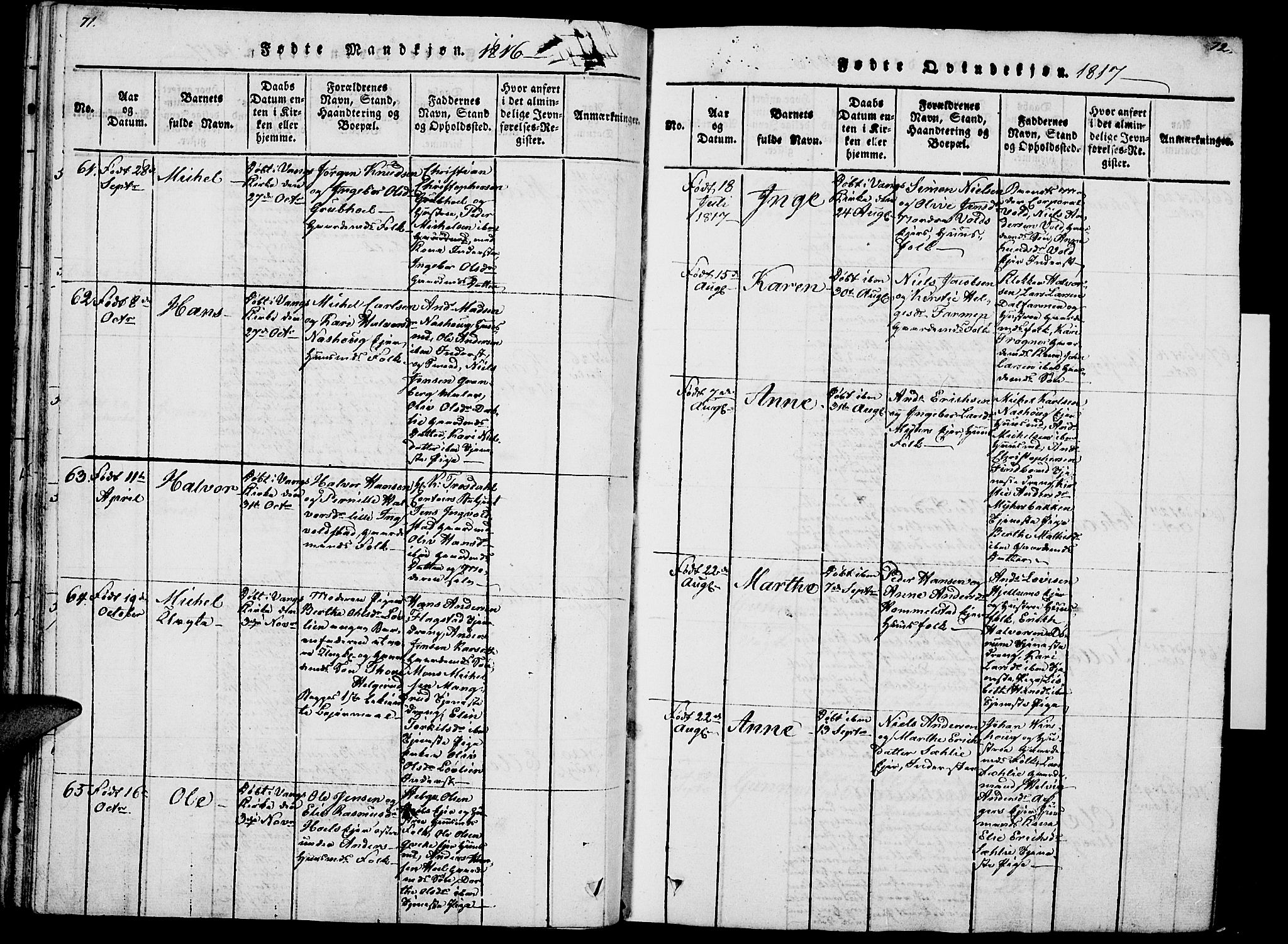 Vang prestekontor, Hedmark, AV/SAH-PREST-008/H/Ha/Haa/L0007: Parish register (official) no. 7, 1813-1826, p. 71-72