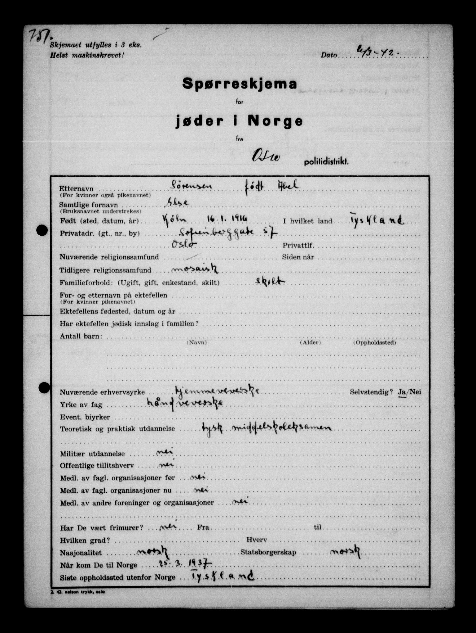 Statspolitiet - Hovedkontoret / Osloavdelingen, AV/RA-S-1329/G/Ga/L0011: Spørreskjema for jøder i Norge. 1: Oslo 610-806 (Plavnik-Zwillinger). 2: Aker 1-113 (Adler-Lewin). , 1942, p. 419