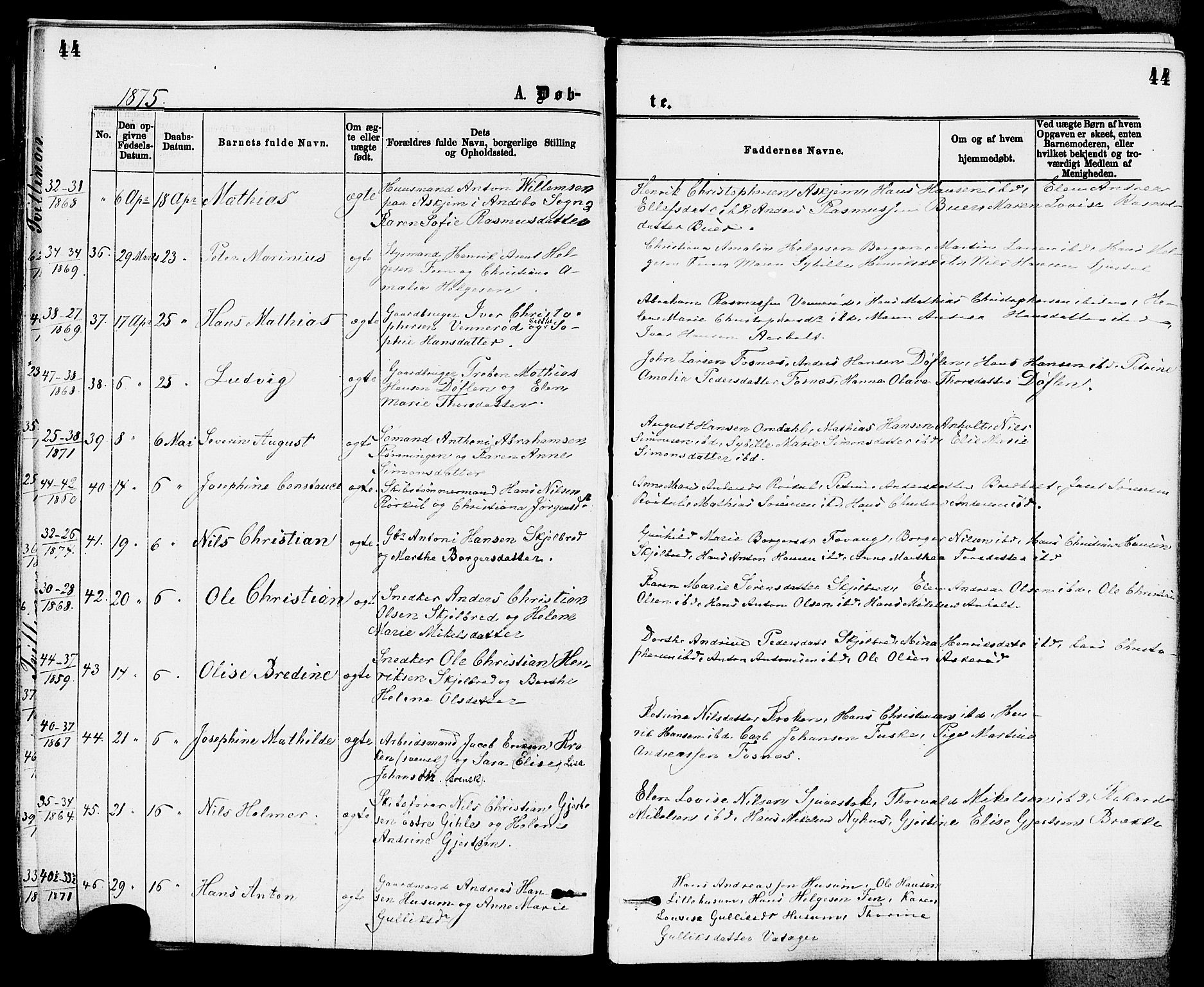 Stokke kirkebøker, AV/SAKO-A-320/F/Fa/L0009: Parish register (official) no. I 9, 1872-1883, p. 44