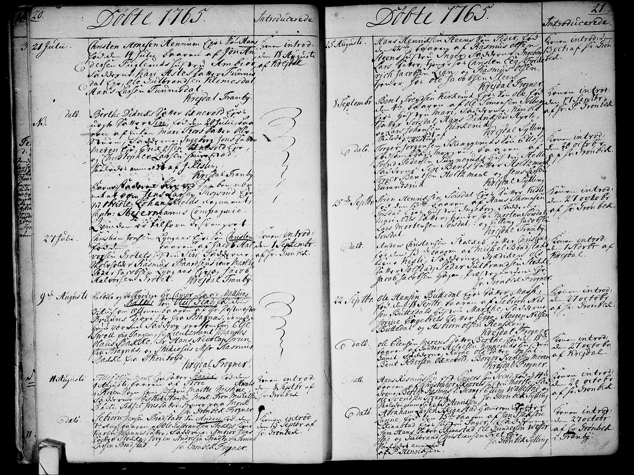 Lier kirkebøker, AV/SAKO-A-230/F/Fa/L0005: Parish register (official) no. I 5, 1764-1777, p. 20-21