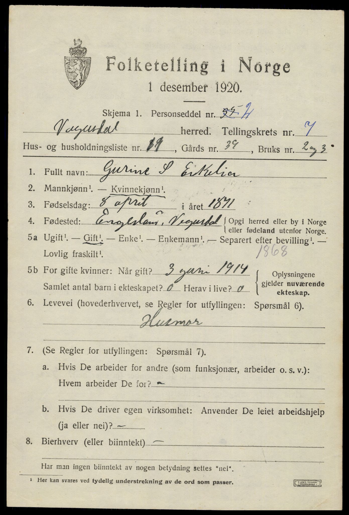 SAK, 1920 census for Vegusdal, 1920, p. 1779