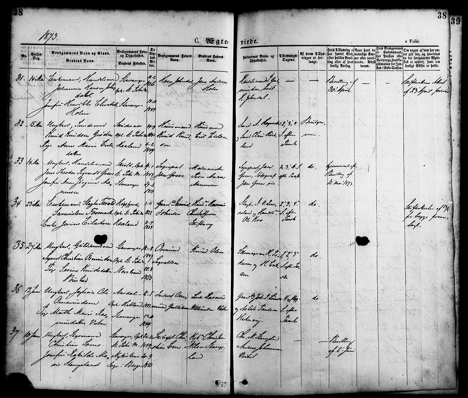 St. Petri sokneprestkontor, AV/SAST-A-101813/001/30/30BA/L0010: Parish register (official) no. A 10, 1869-1878, p. 38