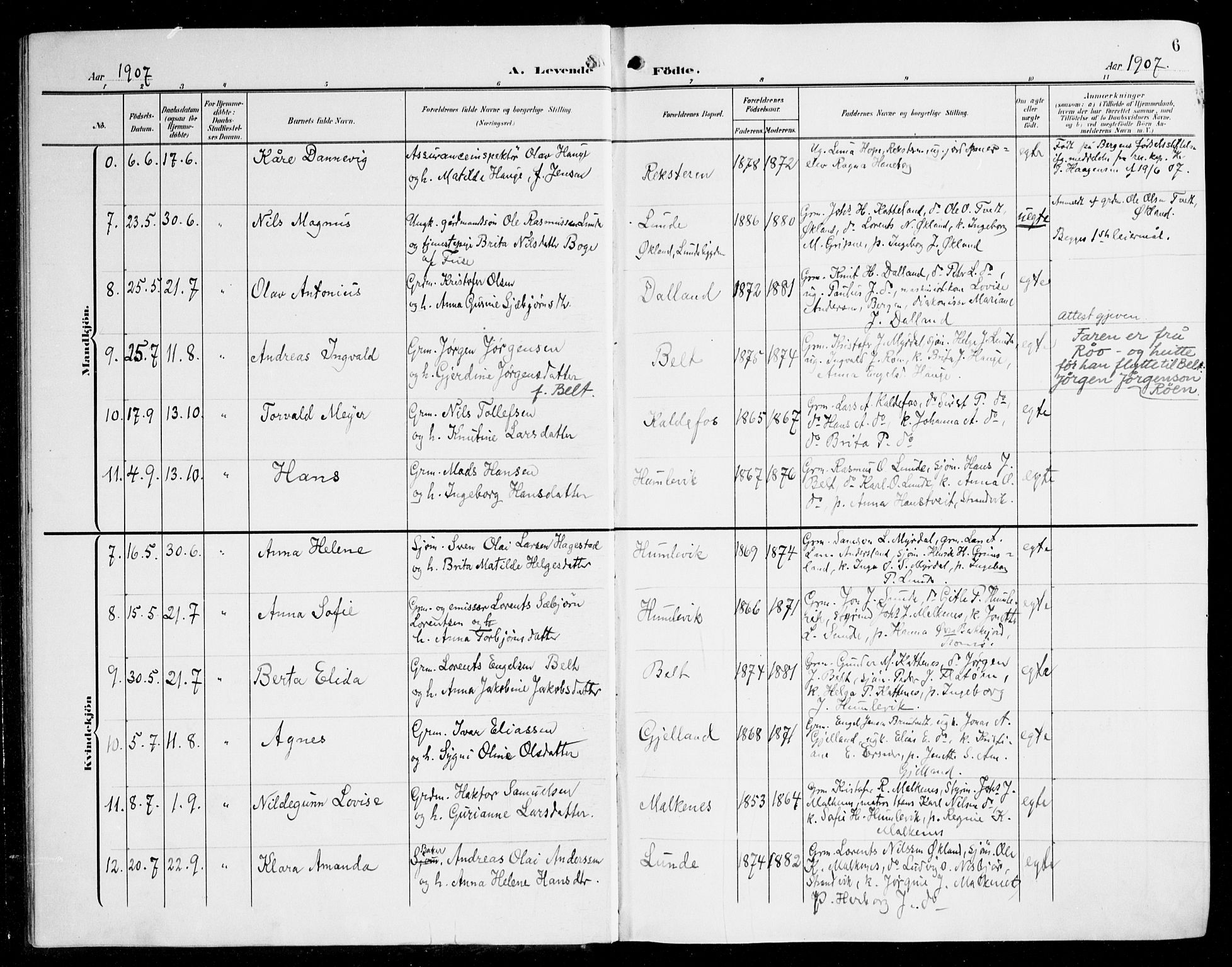 Tysnes sokneprestembete, AV/SAB-A-78601/H/Haa: Parish register (official) no. B 2, 1907-1925, p. 6