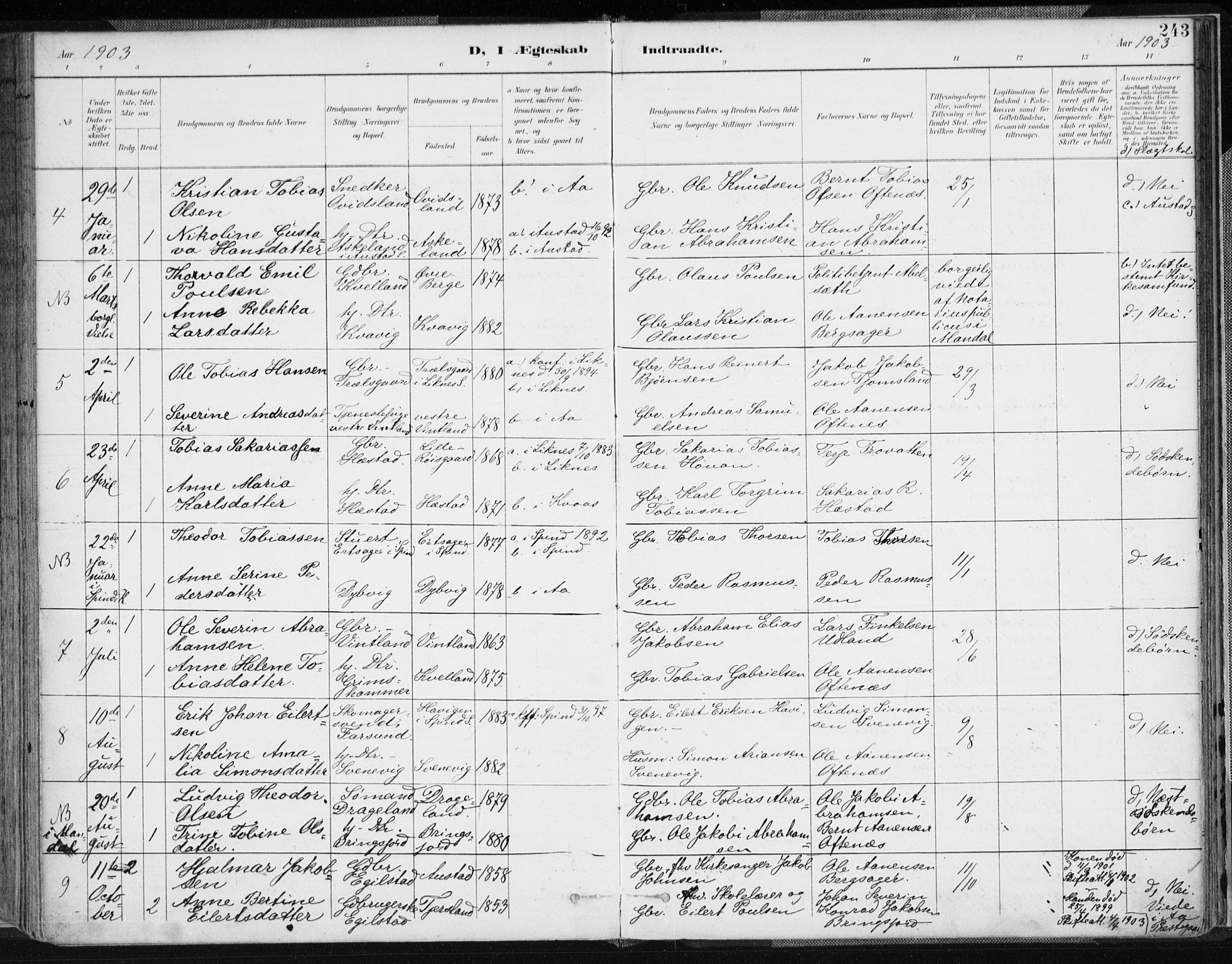 Lyngdal sokneprestkontor, AV/SAK-1111-0029/F/Fa/Fac/L0012: Parish register (official) no. A 12, 1894-1918, p. 243