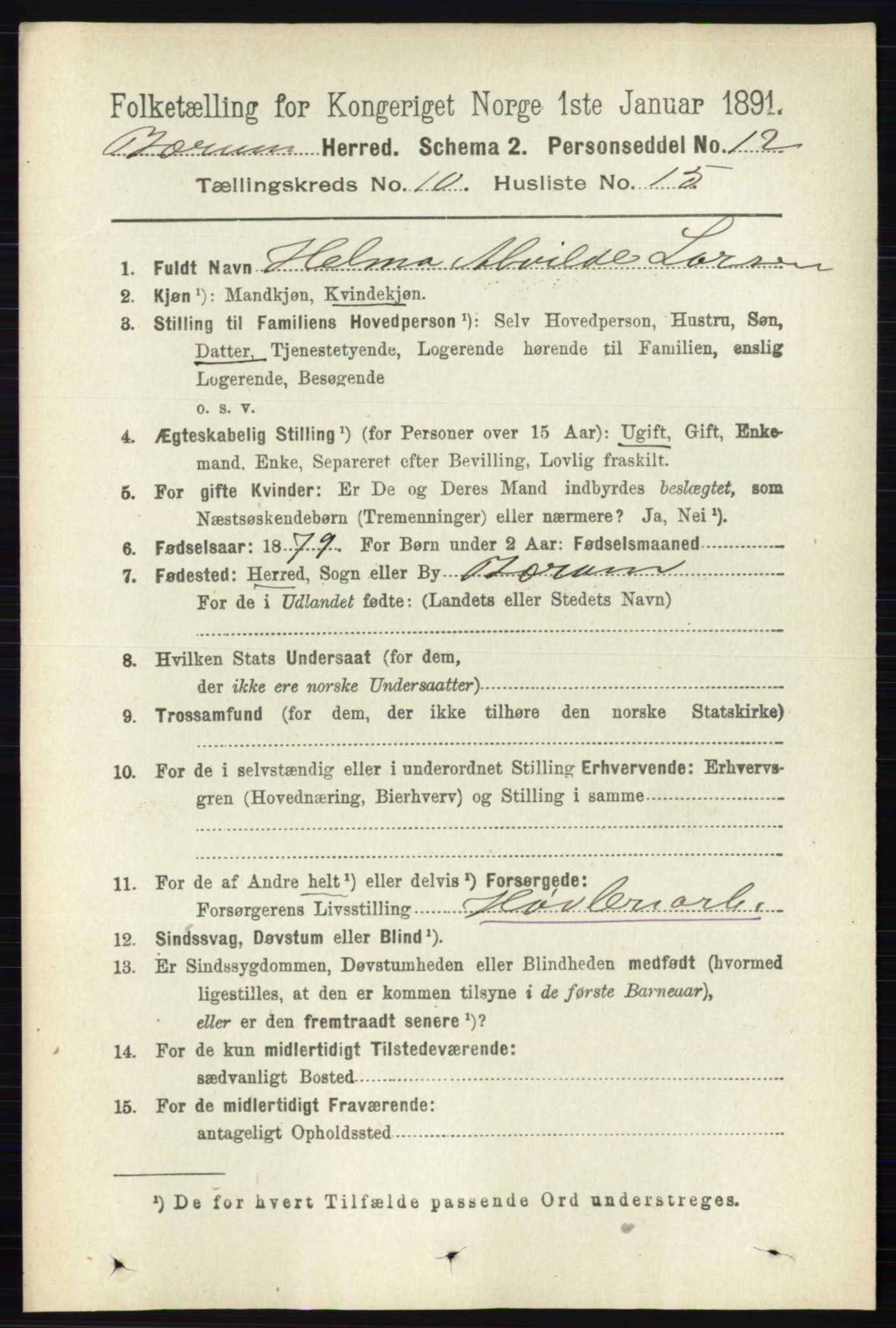 RA, 1891 census for 0219 Bærum, 1891, p. 6615