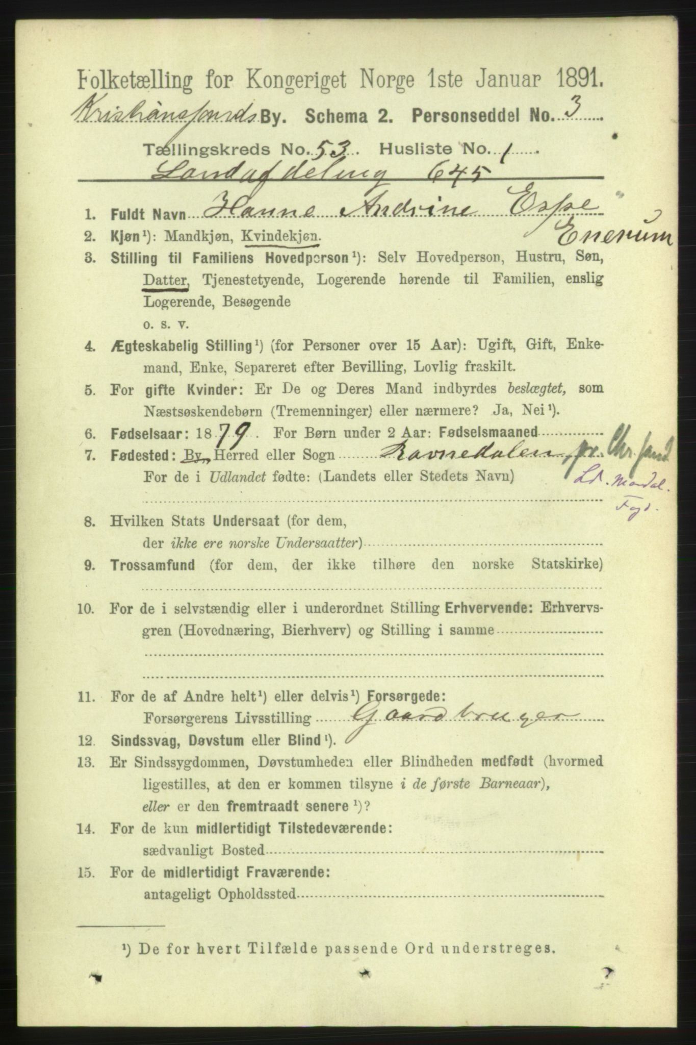 RA, 1891 census for 1001 Kristiansand, 1891, p. 15254