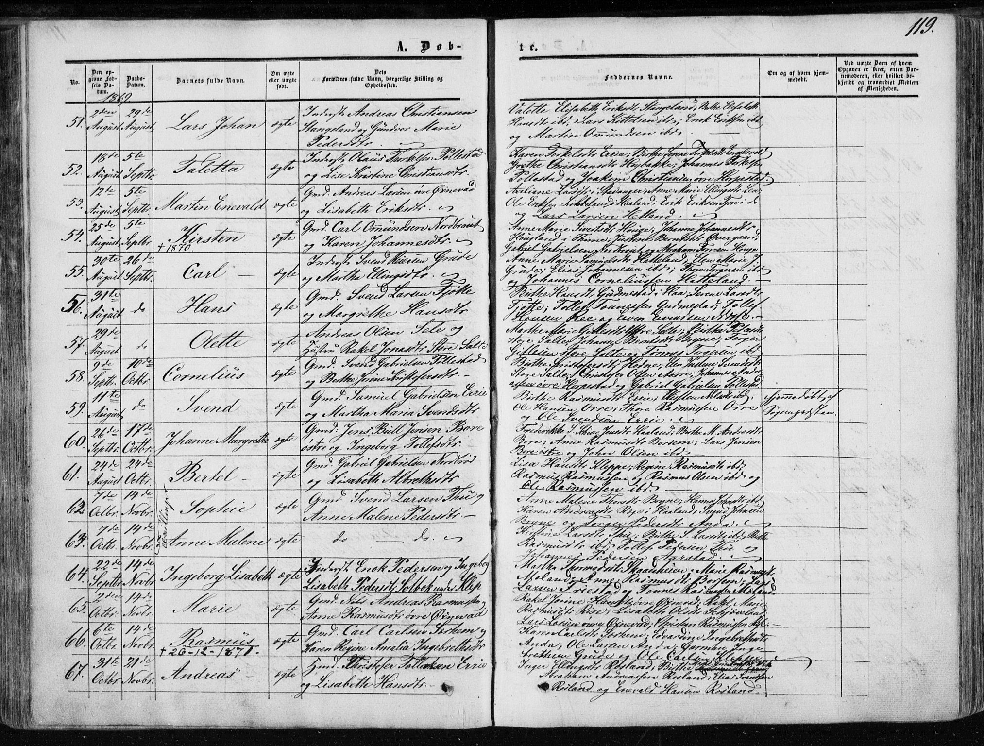 Klepp sokneprestkontor, AV/SAST-A-101803/001/3/30BA/L0005: Parish register (official) no. A 5, 1853-1870, p. 119