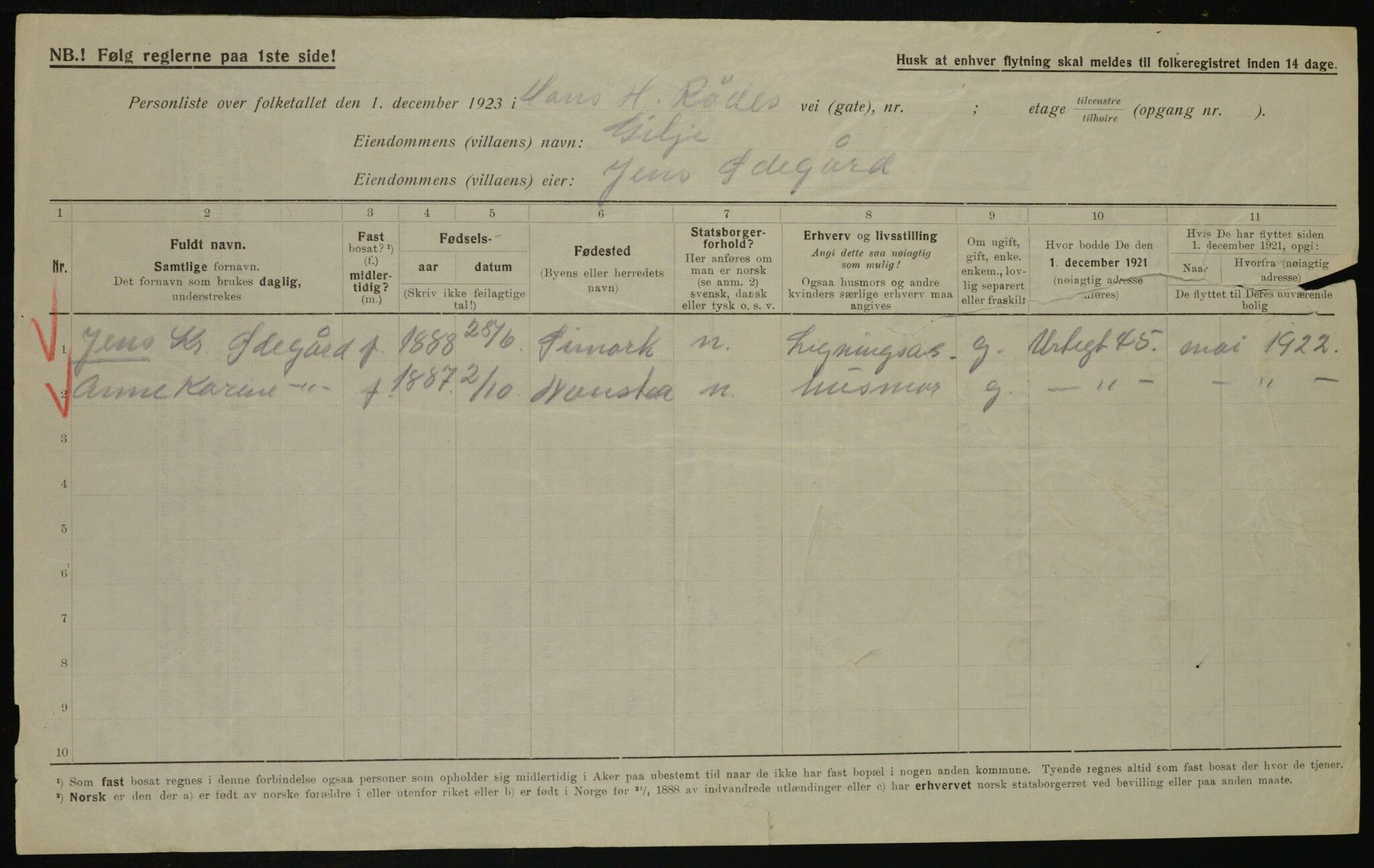 , Municipal Census 1923 for Aker, 1923, p. 39325