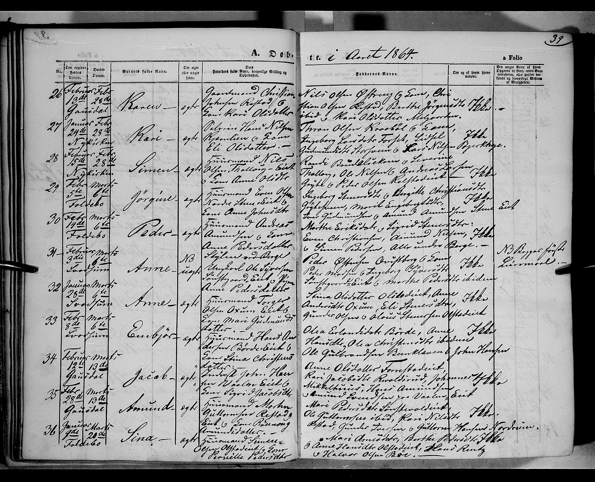 Gausdal prestekontor, AV/SAH-PREST-090/H/Ha/Haa/L0009: Parish register (official) no. 9, 1862-1873, p. 39