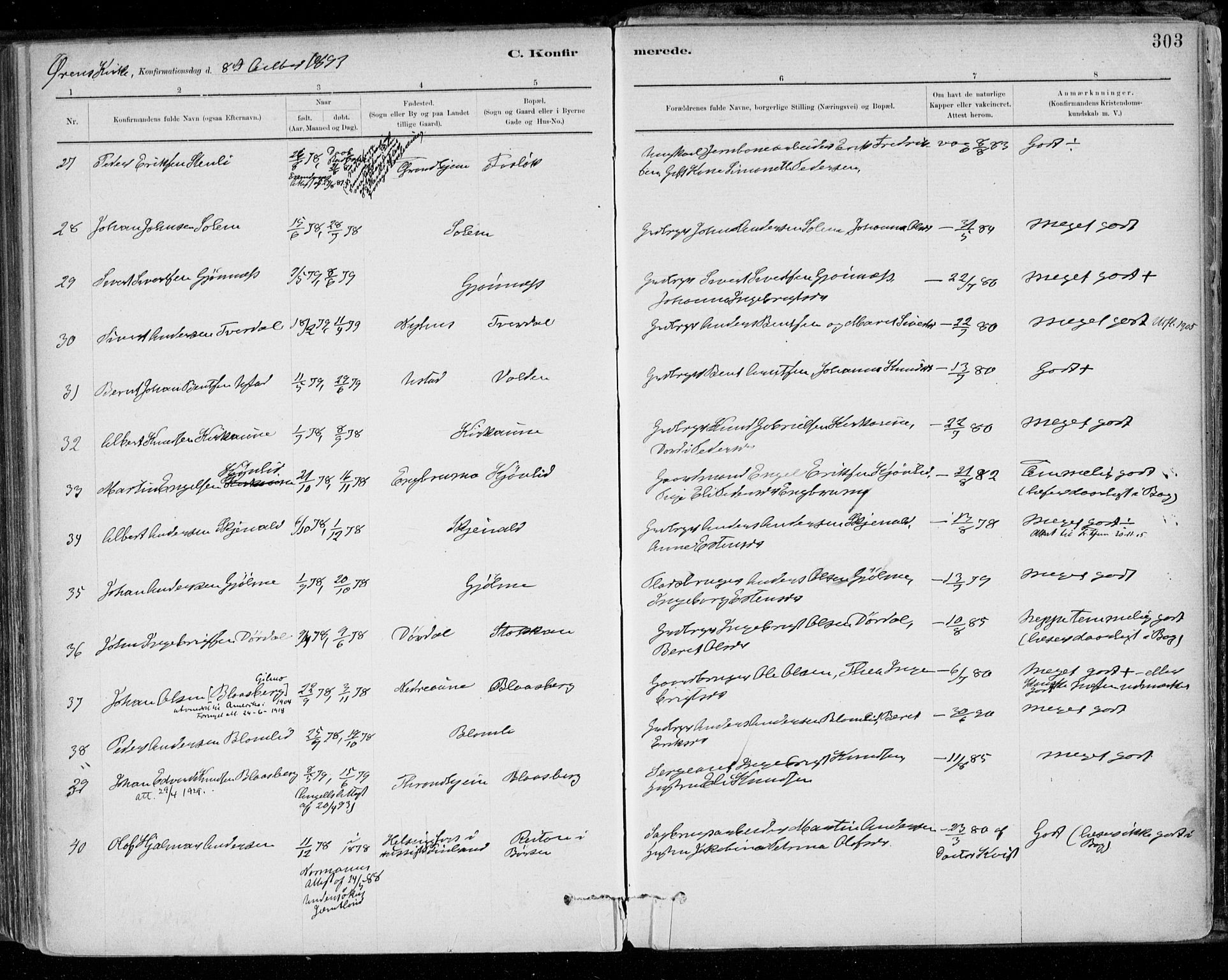 Ministerialprotokoller, klokkerbøker og fødselsregistre - Sør-Trøndelag, AV/SAT-A-1456/668/L0809: Parish register (official) no. 668A09, 1881-1895, p. 303