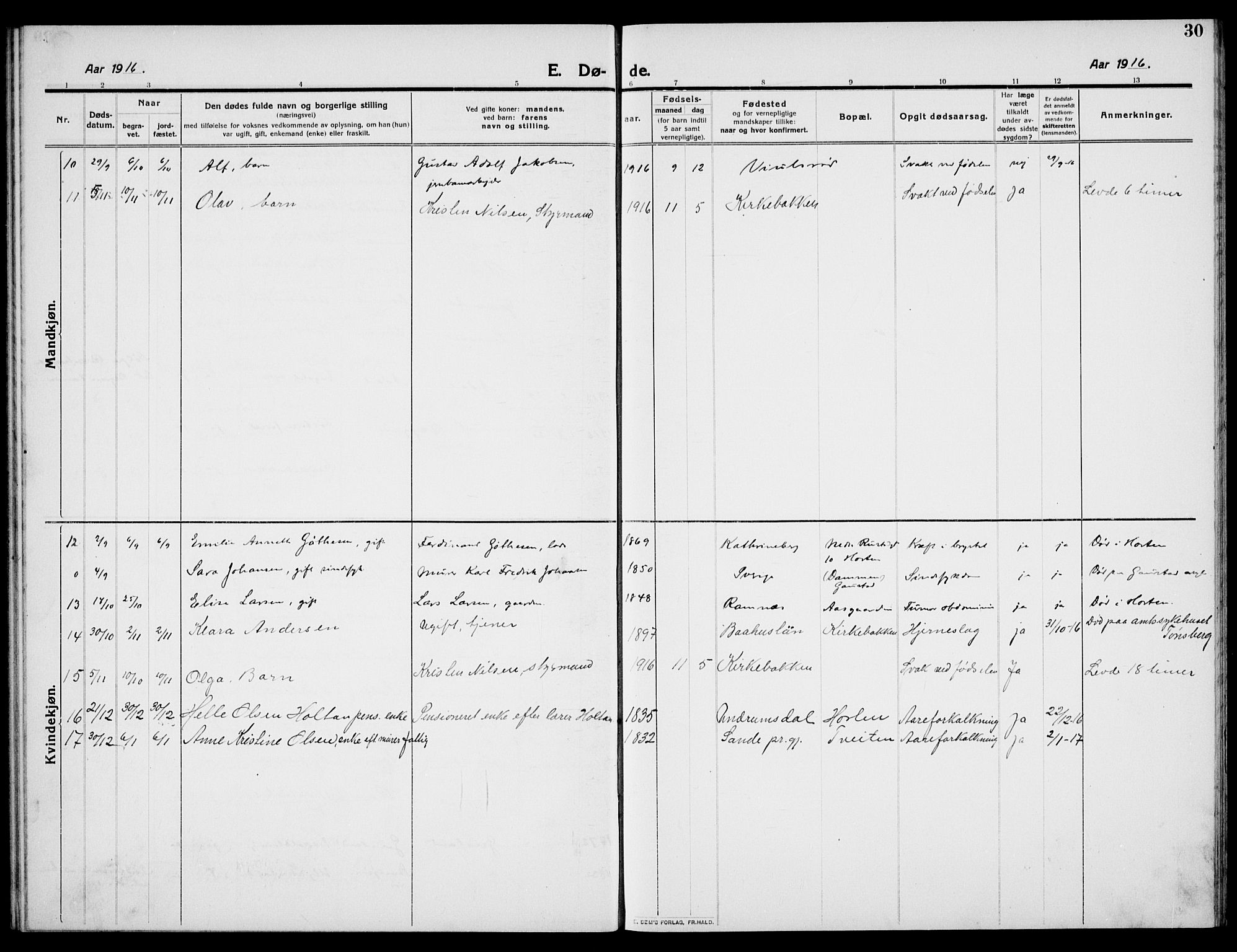 Borre kirkebøker, AV/SAKO-A-338/G/Ga/L0007: Parish register (copy) no. I 7, 1910-1920, p. 30