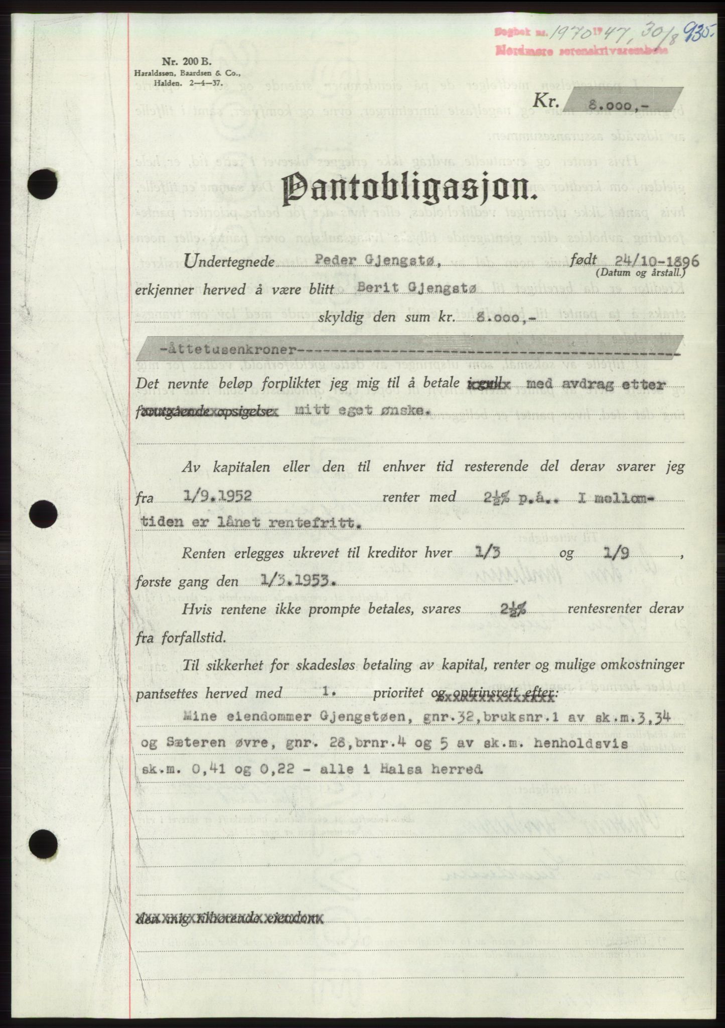 Nordmøre sorenskriveri, AV/SAT-A-4132/1/2/2Ca: Mortgage book no. B96, 1947-1947, Diary no: : 1970/1947