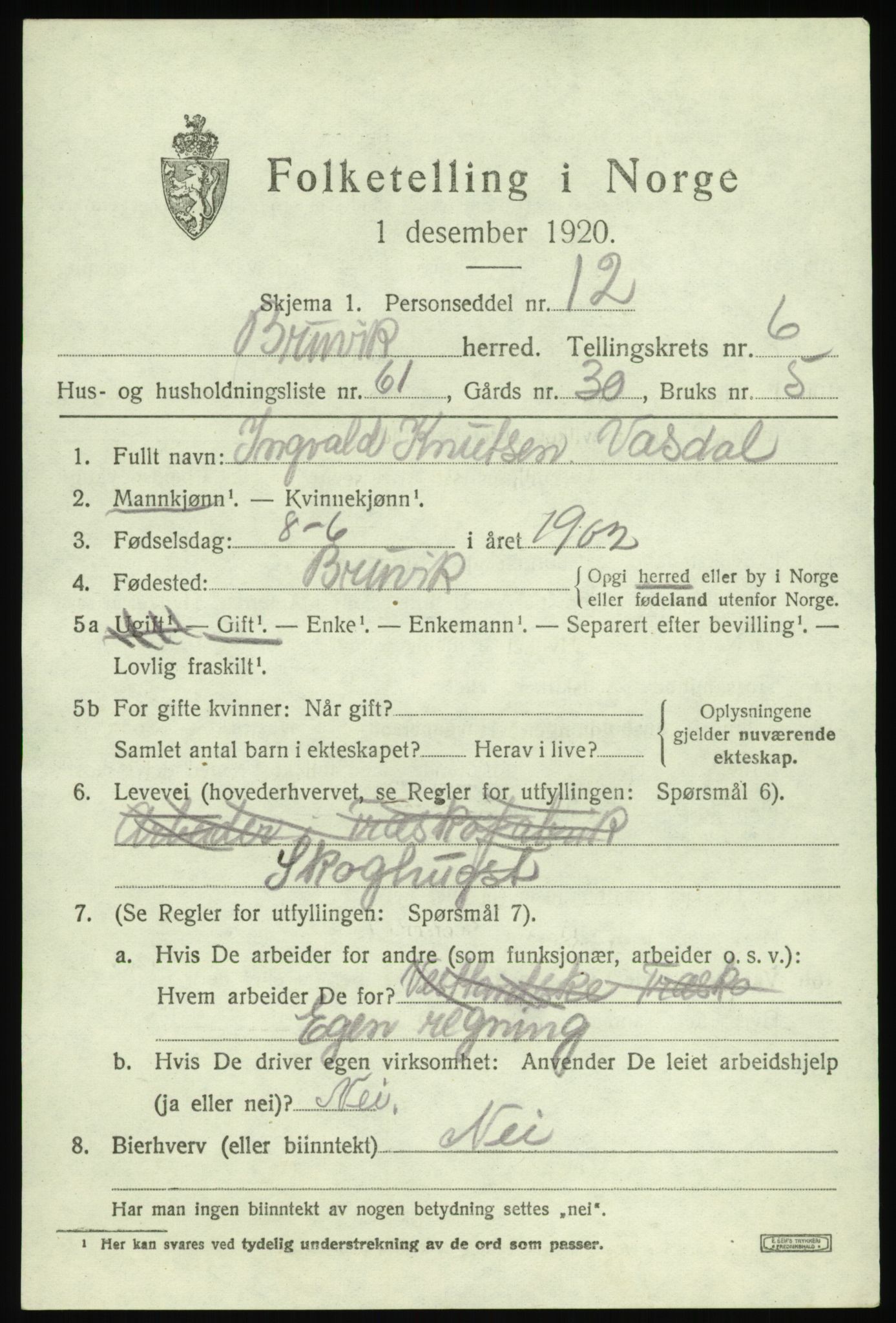 SAB, 1920 census for Bruvik, 1920, p. 4882