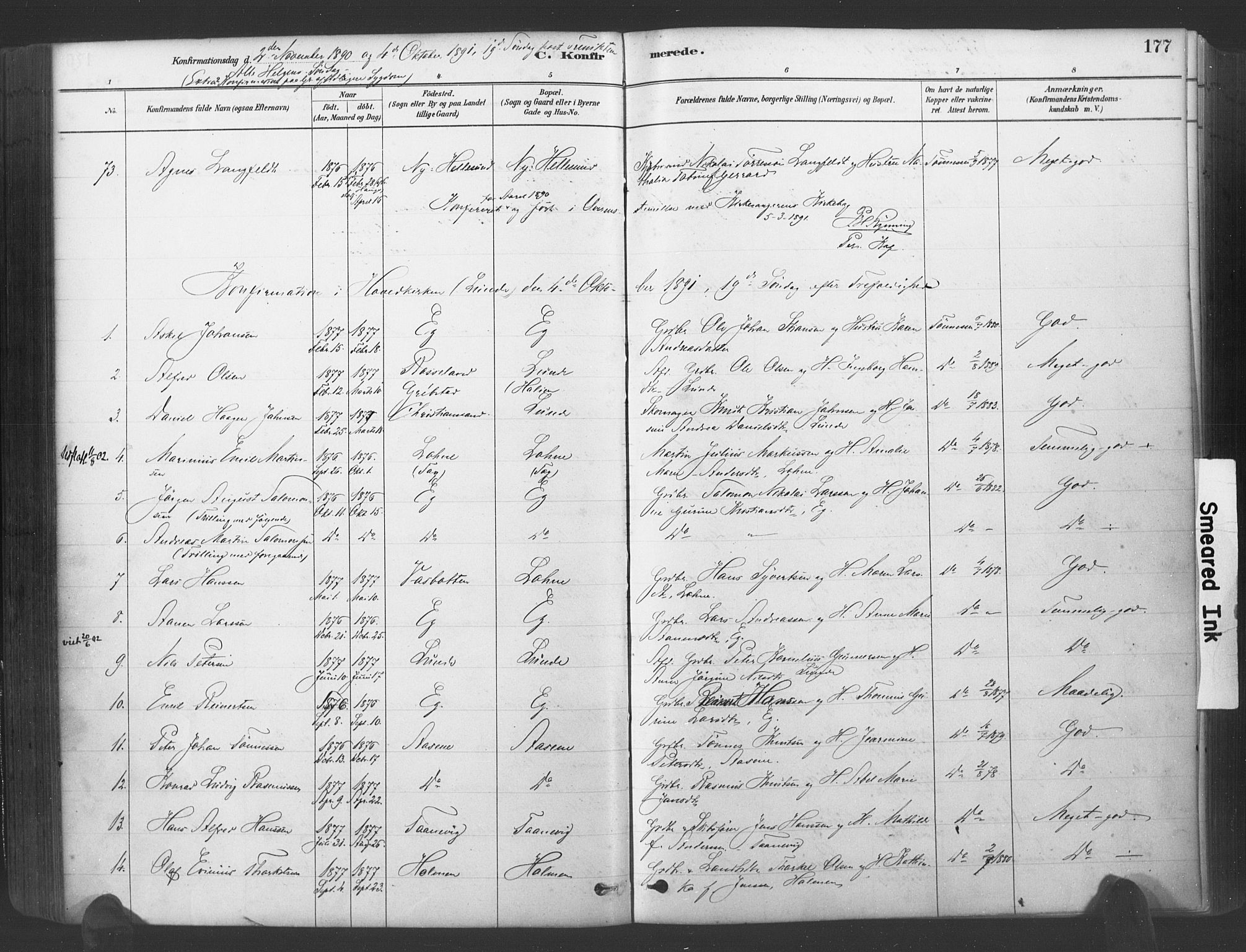 Søgne sokneprestkontor, SAK/1111-0037/F/Fa/Fab/L0012: Parish register (official) no. A 12, 1880-1891, p. 177