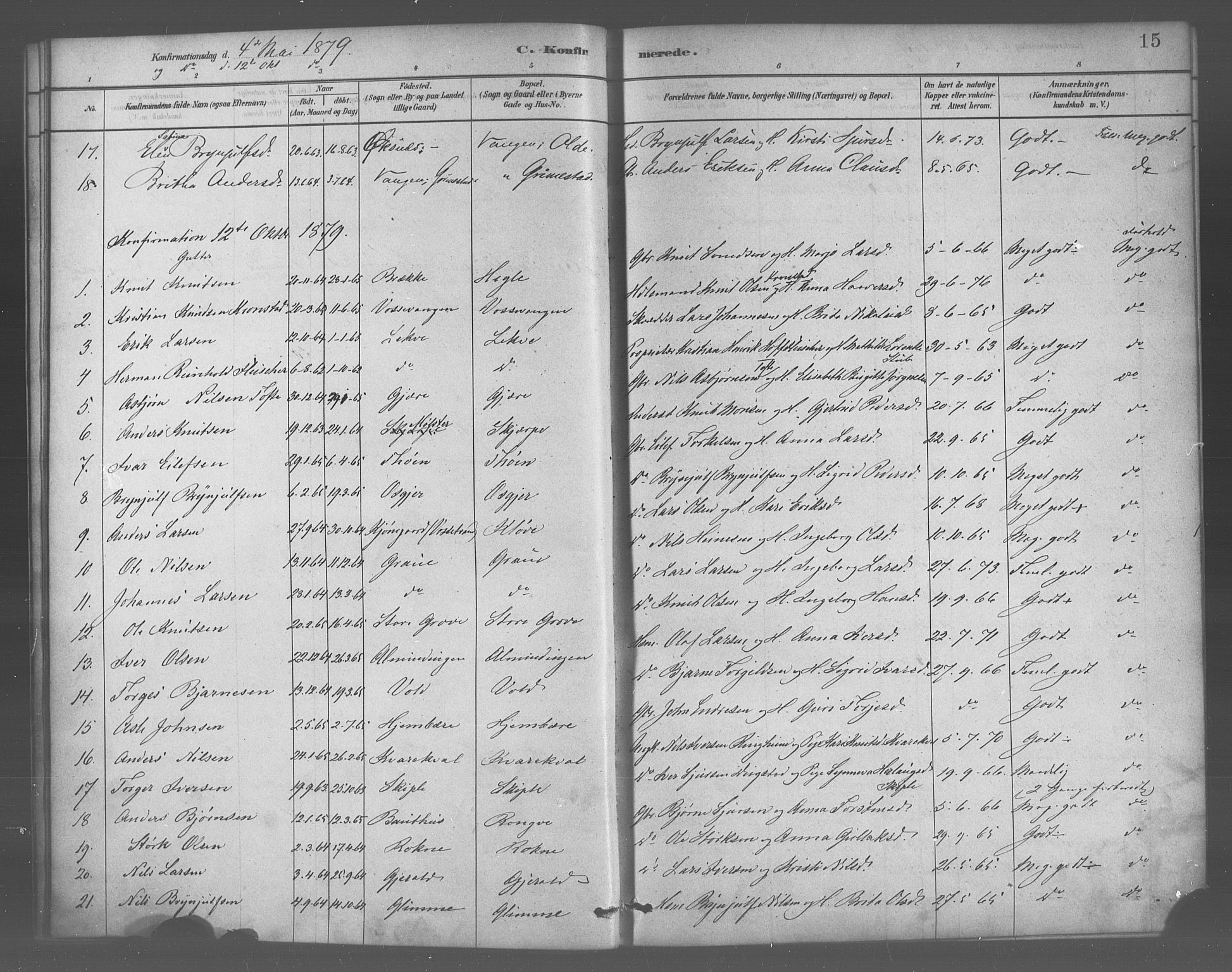 Voss sokneprestembete, SAB/A-79001/H/Haa: Parish register (official) no. B 1, 1877-1899, p. 15