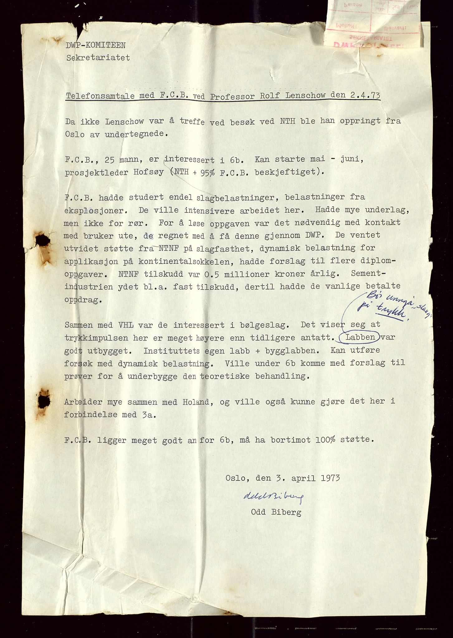 Industridepartementet, Oljekontoret, AV/SAST-A-101348/Di/L0005: DWP, 761 forskning/teknologi, 2 prot. DWP feasibility study, 1972-1975, p. 208