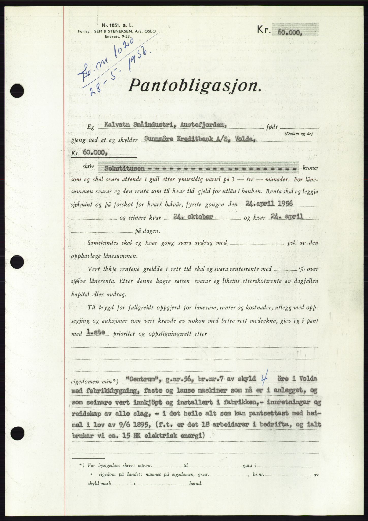 Søre Sunnmøre sorenskriveri, SAT/A-4122/1/2/2C/L0128: Mortgage book no. 16B, 1956-1956, Diary no: : 1020/1956
