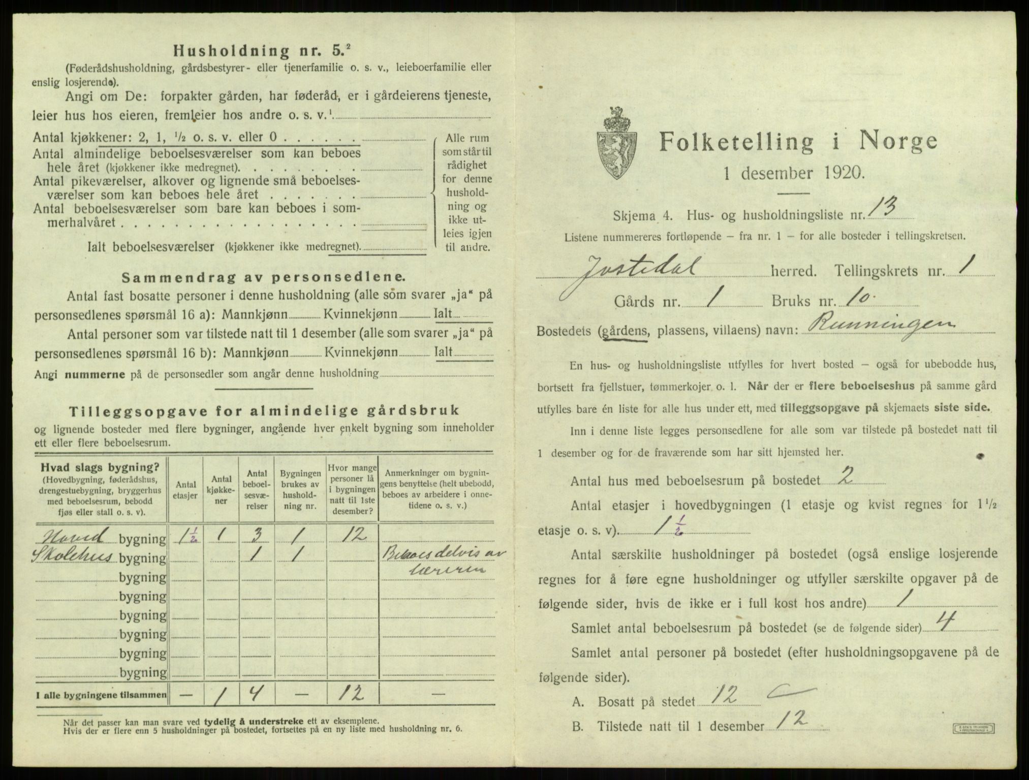 SAB, 1920 census for Jostedal, 1920, p. 44