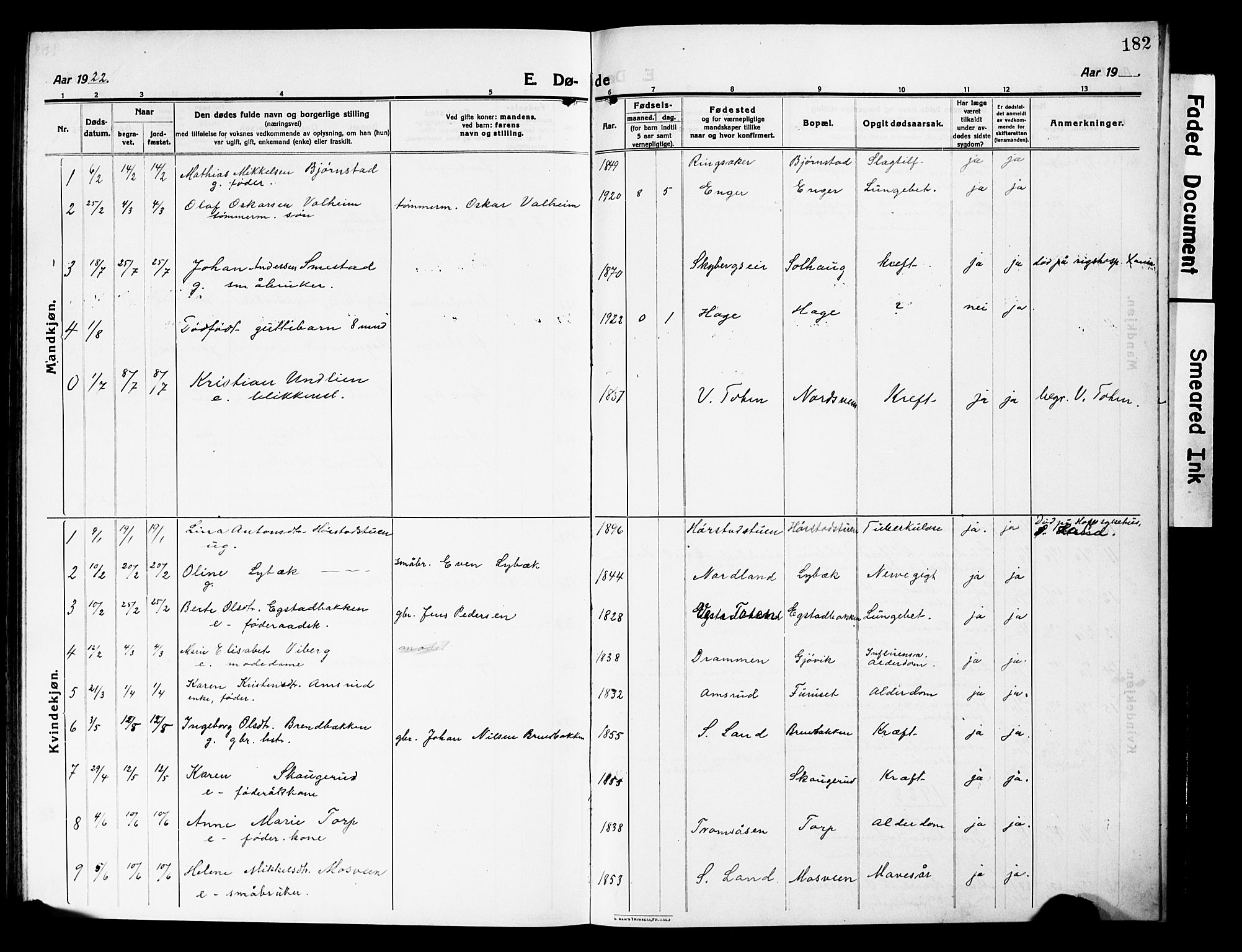 Vardal prestekontor, SAH/PREST-100/H/Ha/Hab/L0015: Parish register (copy) no. 15, 1914-1931, p. 182