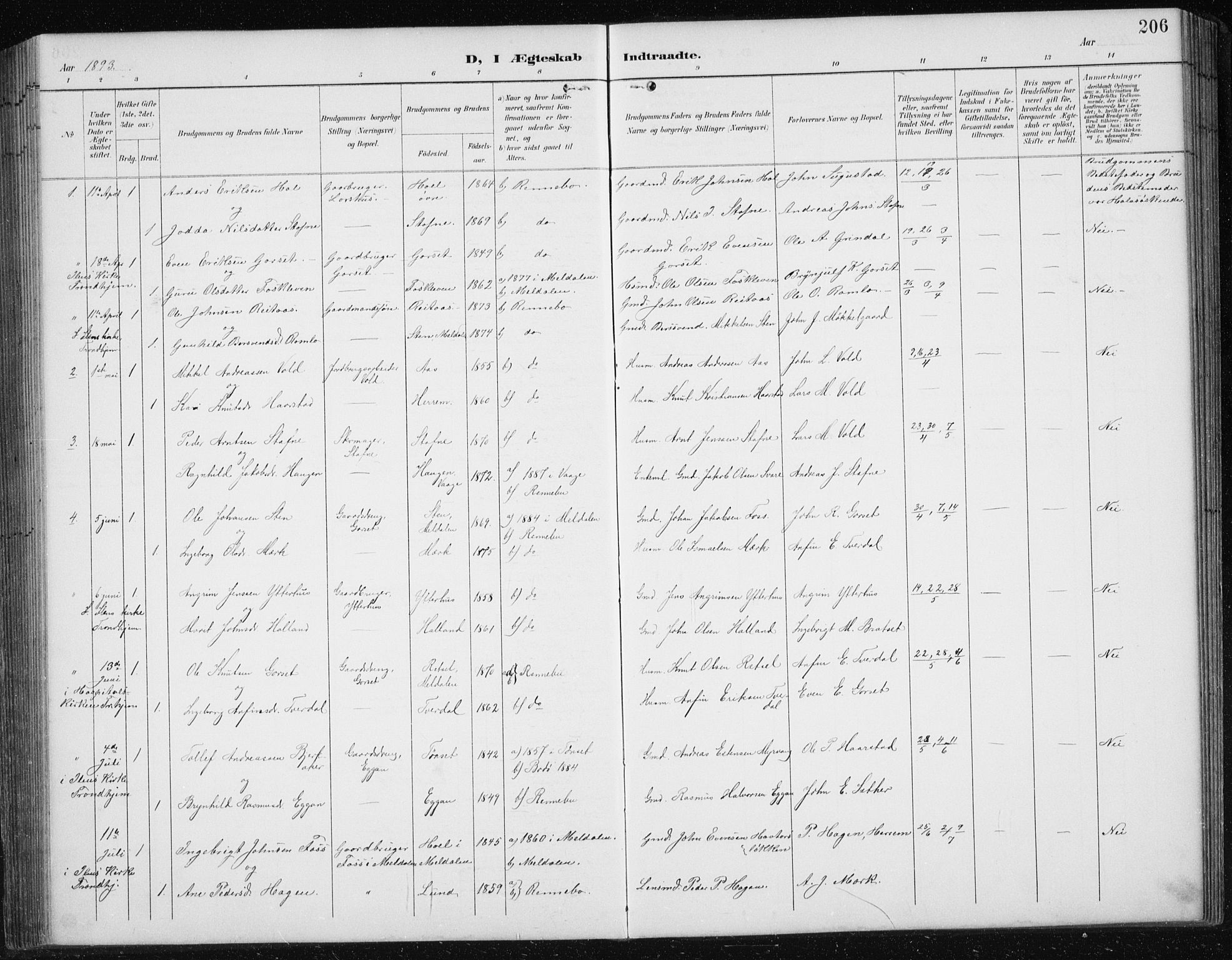 Ministerialprotokoller, klokkerbøker og fødselsregistre - Sør-Trøndelag, AV/SAT-A-1456/674/L0876: Parish register (copy) no. 674C03, 1892-1912, p. 206