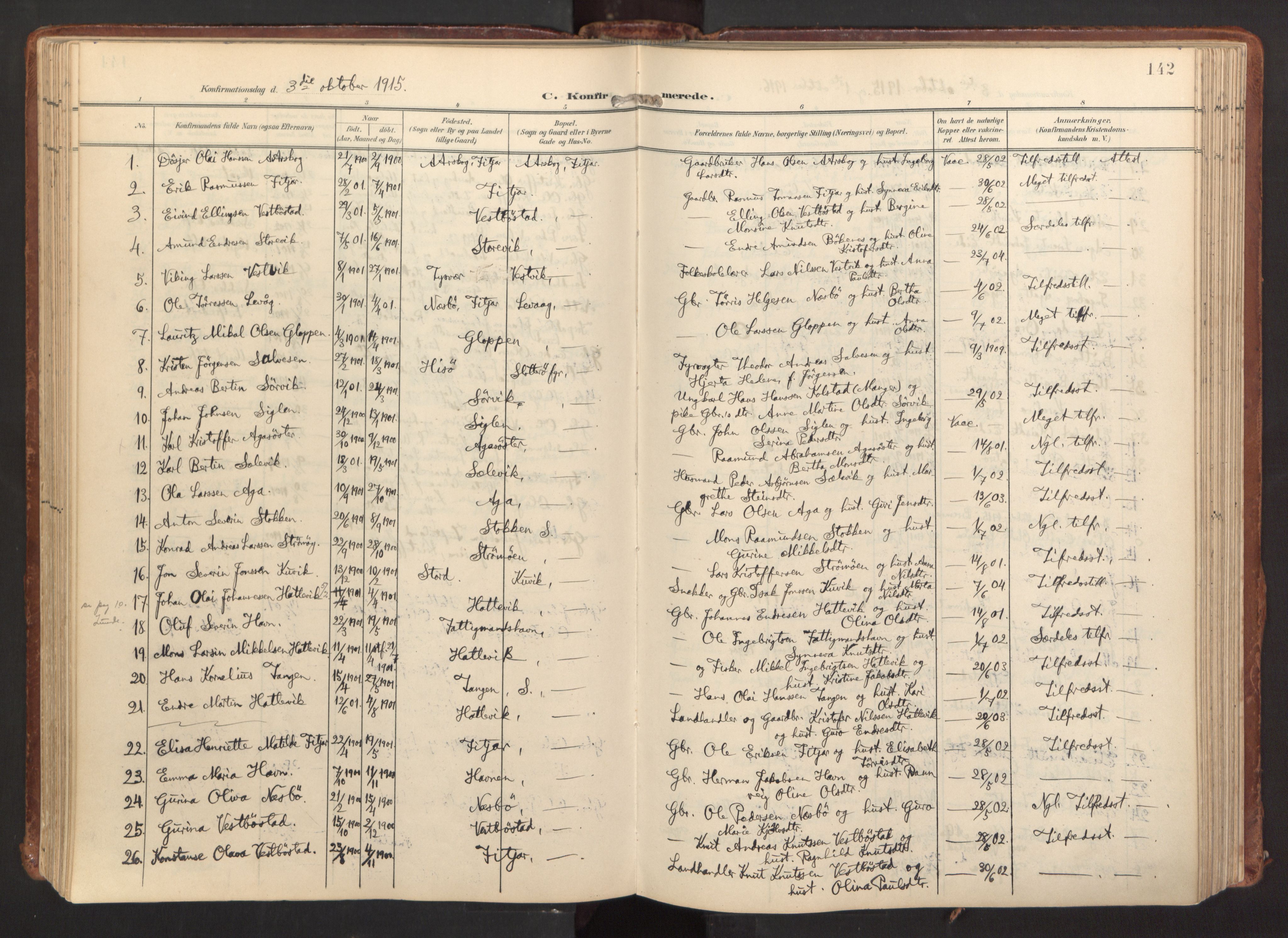 Fitjar sokneprestembete, AV/SAB-A-99926: Parish register (official) no. A 3, 1900-1918, p. 142