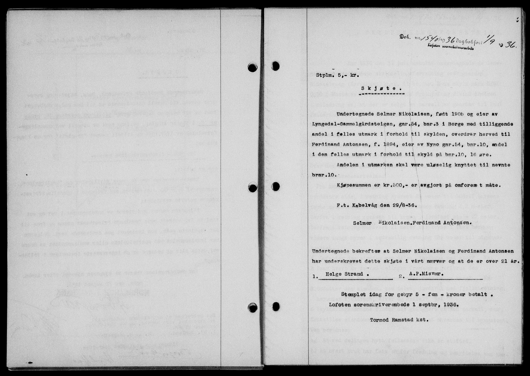 Lofoten sorenskriveri, SAT/A-0017/1/2/2C/L0001a: Mortgage book no. 1a, 1936-1937, Diary no: : 1540/1936