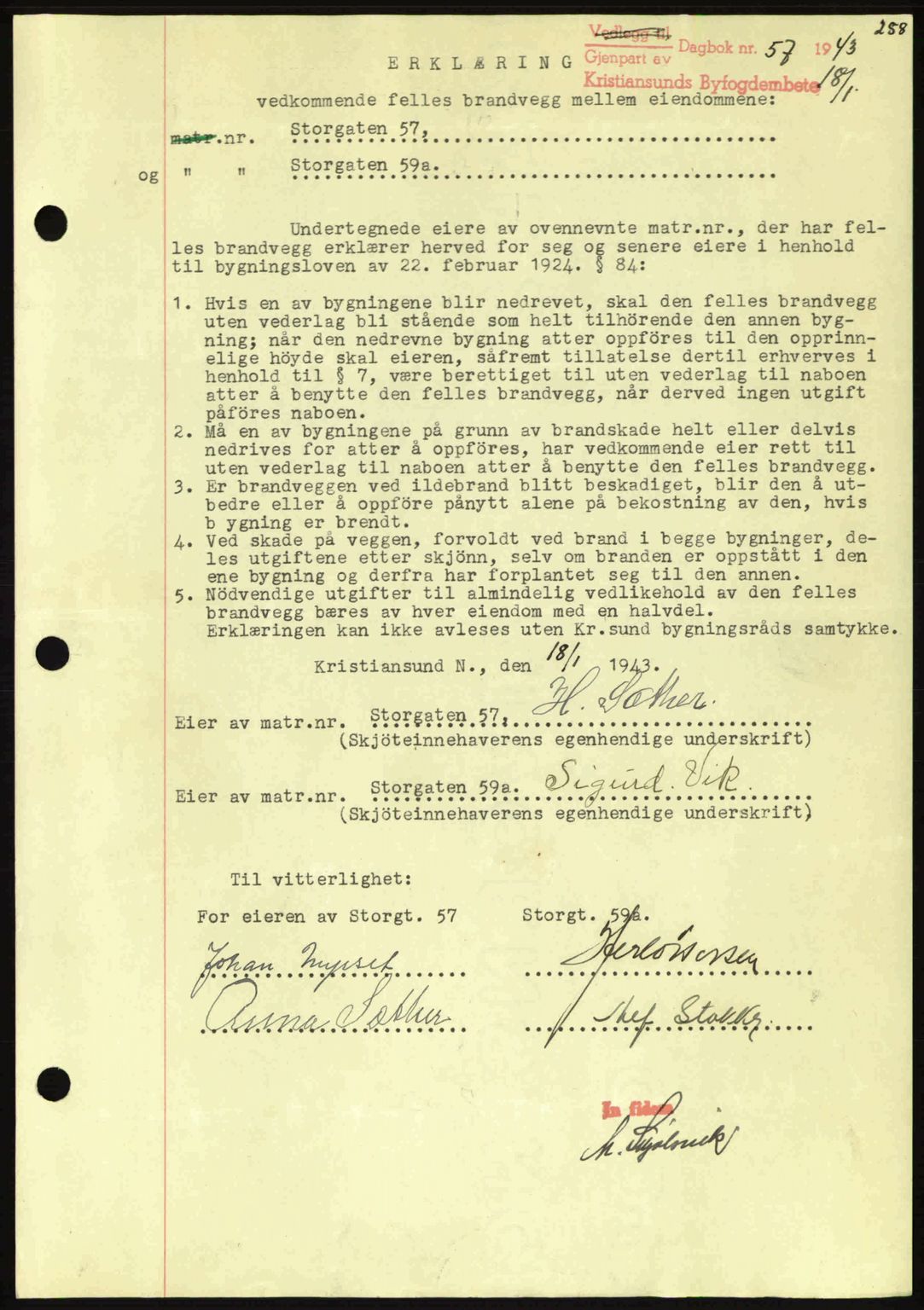 Kristiansund byfogd, SAT/A-4587/A/27: Mortgage book no. 36, 1942-1943, Diary no: : 57/1943