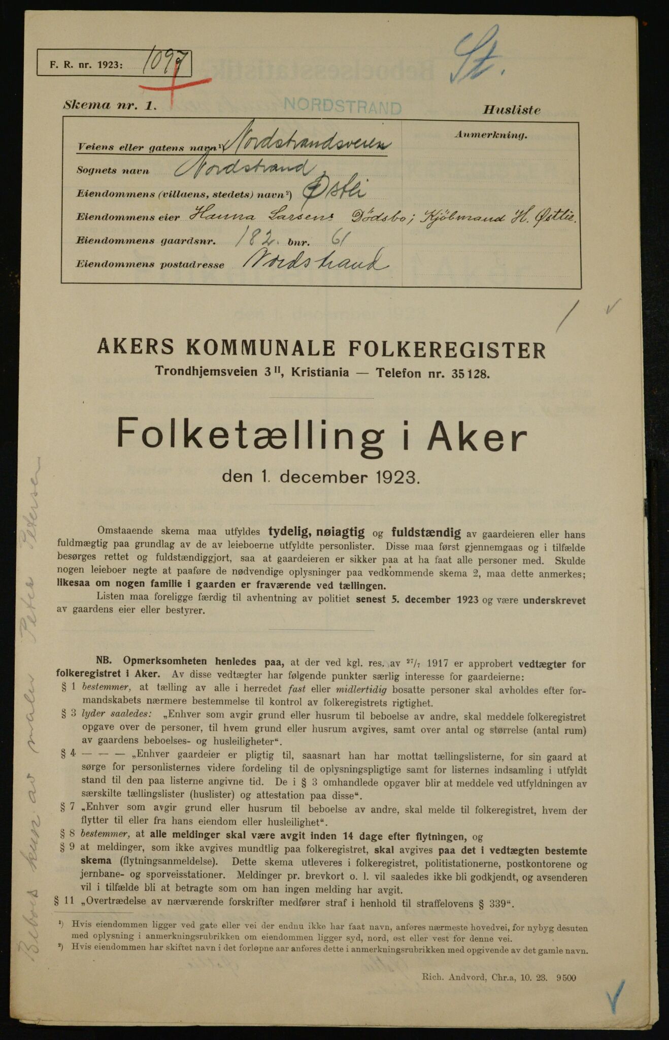 , Municipal Census 1923 for Aker, 1923, p. 43047