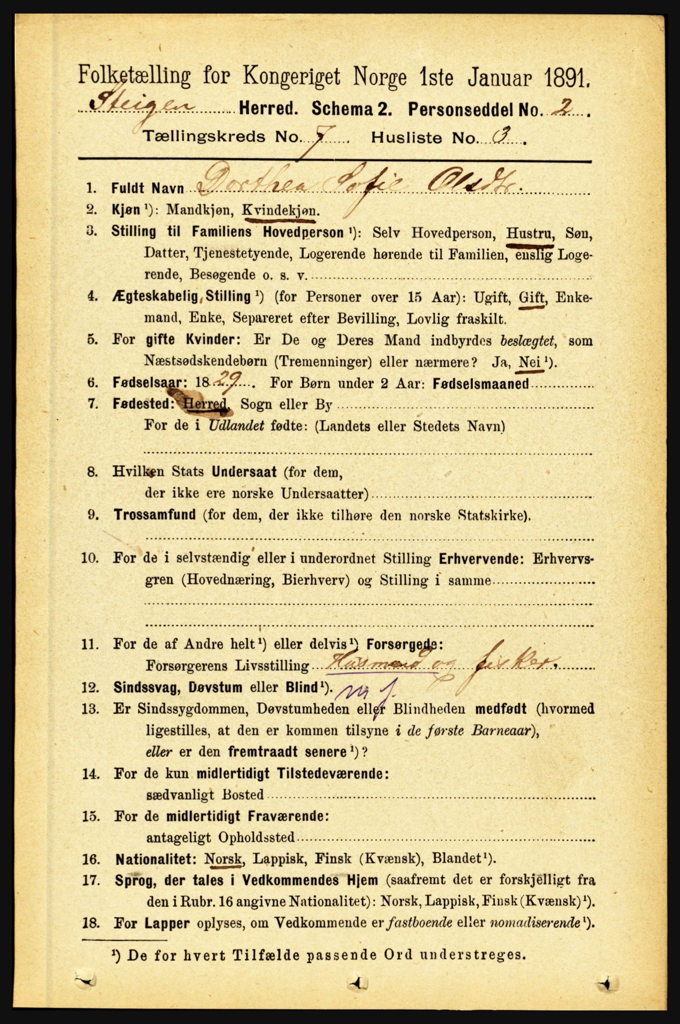 RA, 1891 census for 1848 Steigen, 1891, p. 2280