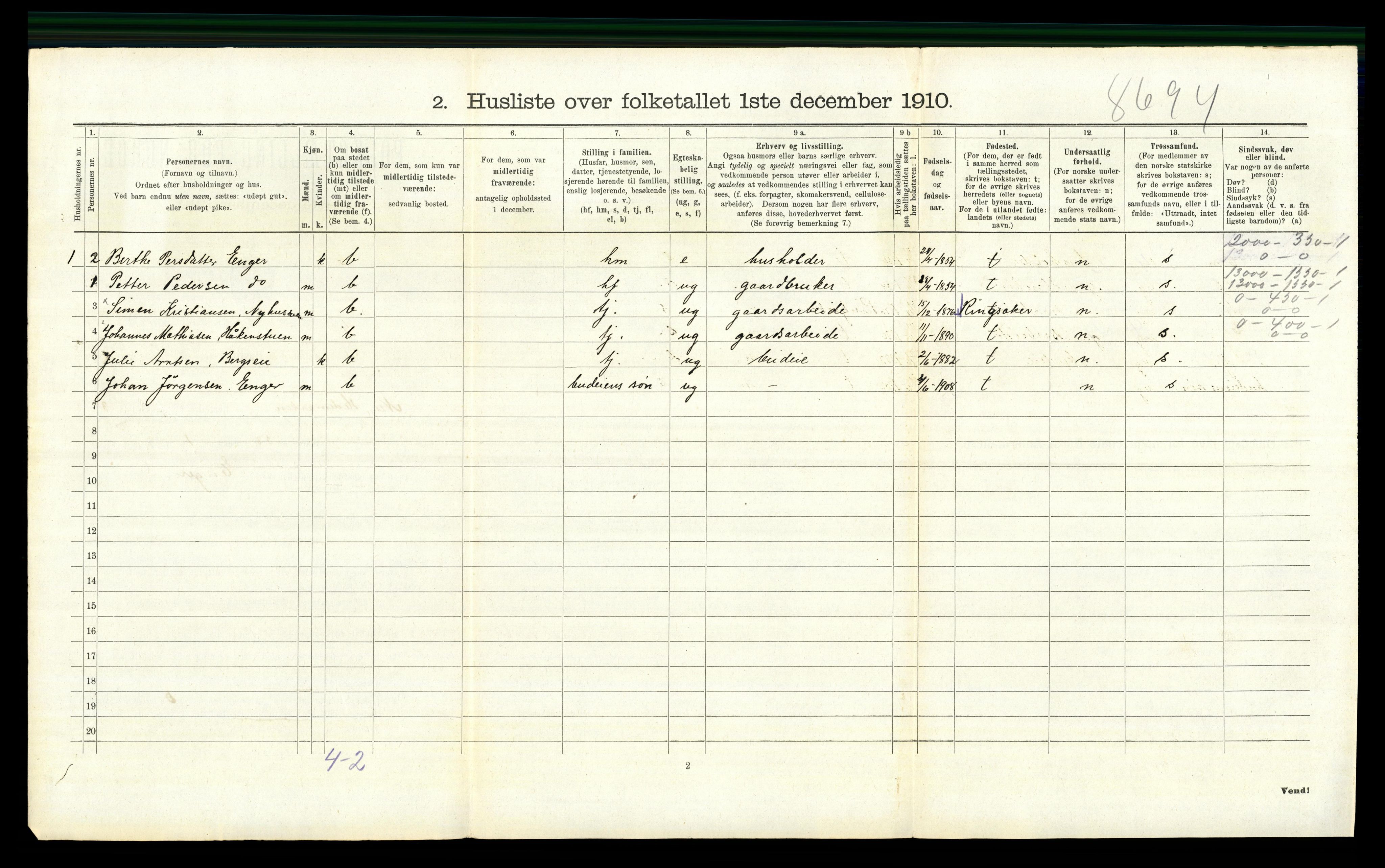 RA, 1910 census for Nes, 1910, p. 506