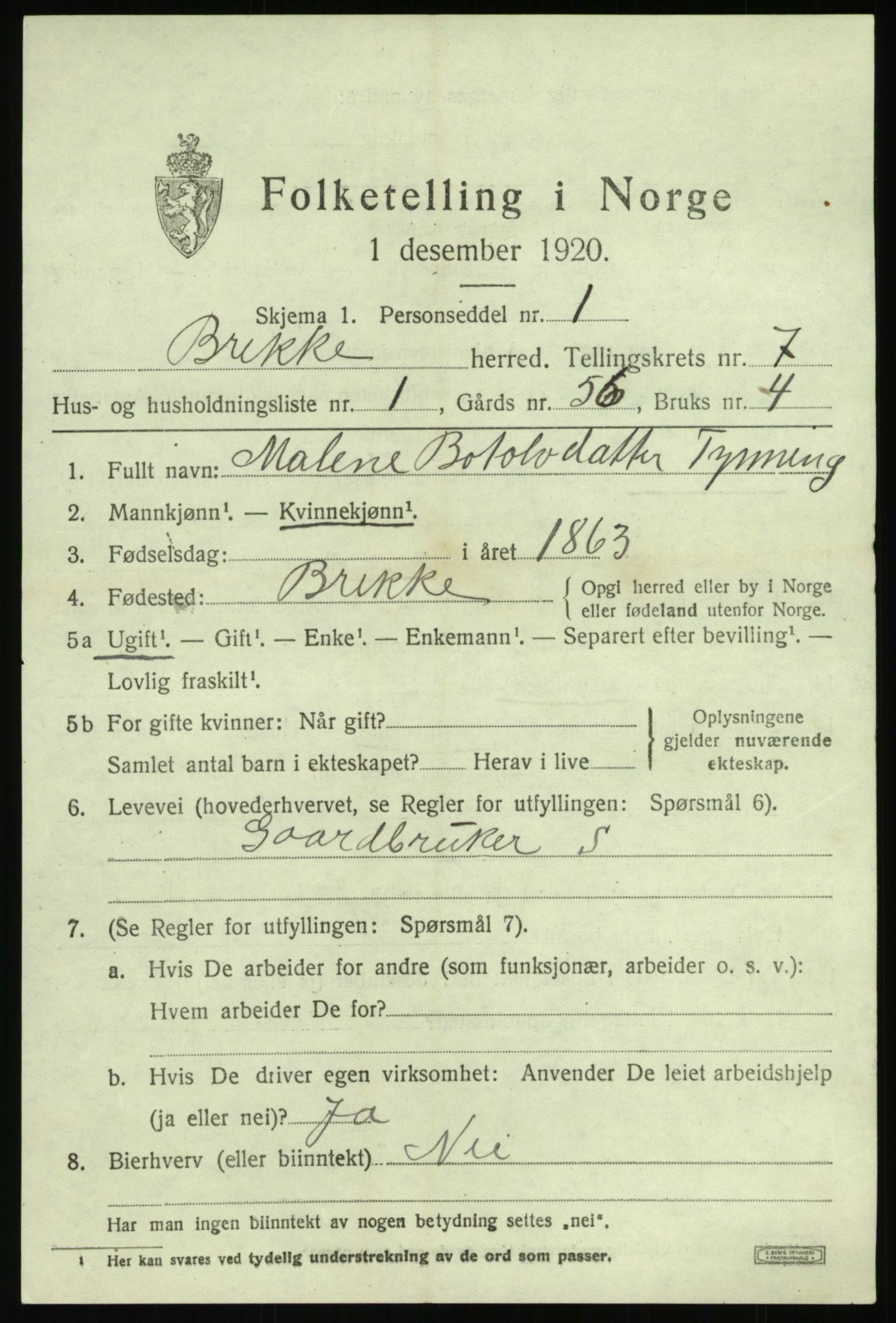 SAB, 1920 census for Brekke, 1920, p. 1478