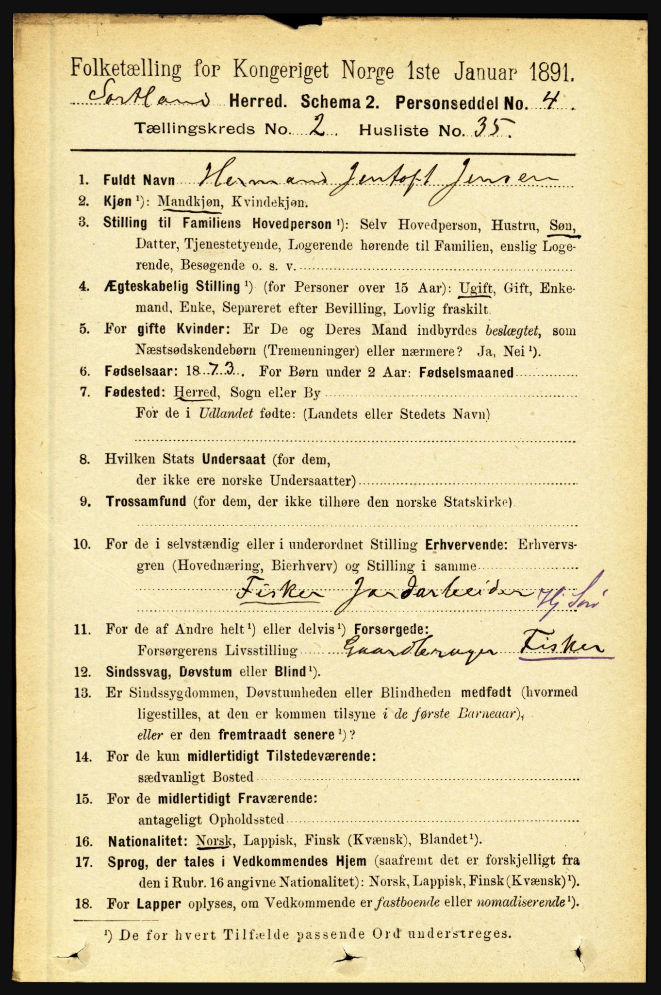 RA, 1891 census for 1870 Sortland, 1891, p. 1227