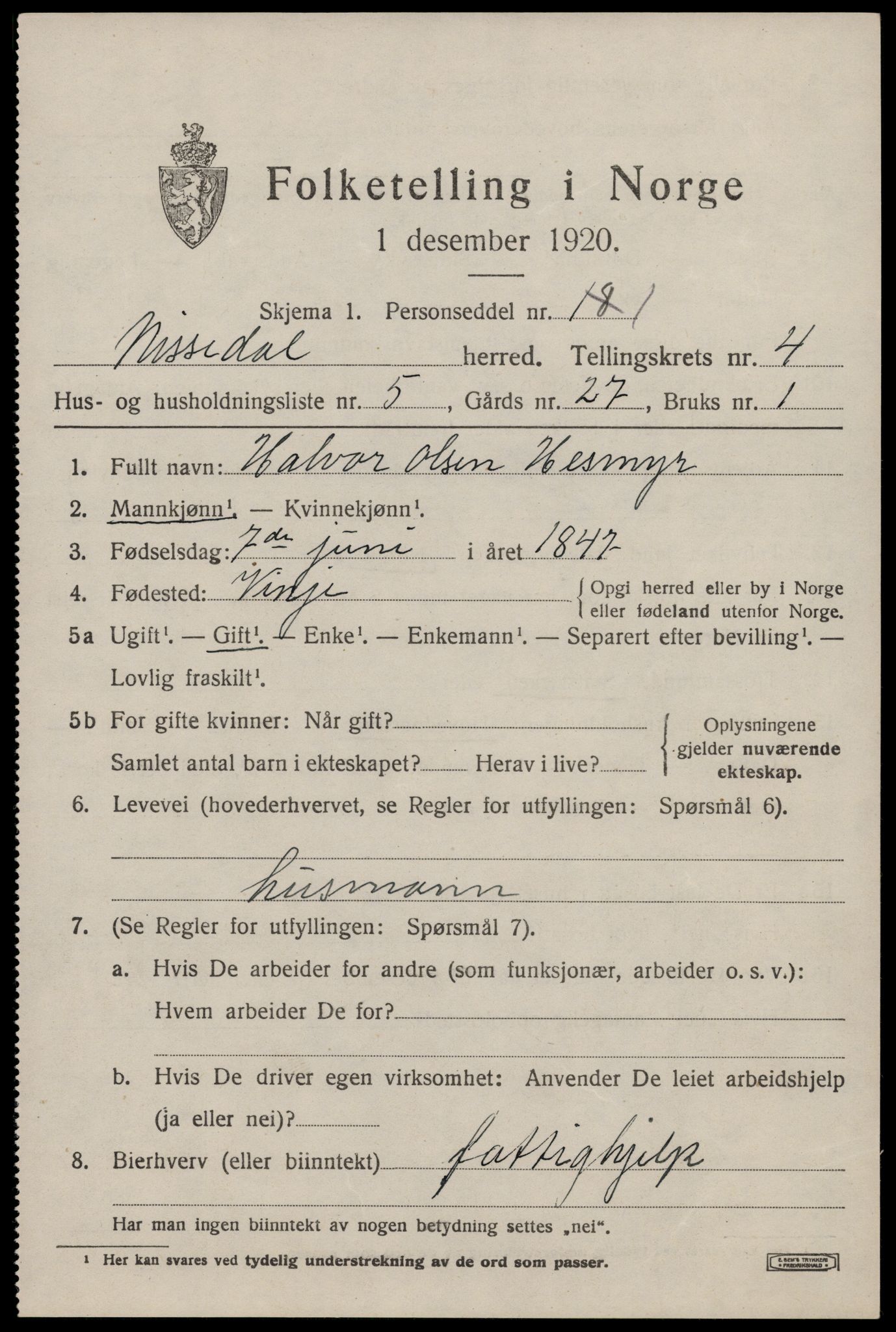 SAKO, 1920 census for Nissedal, 1920, p. 1861