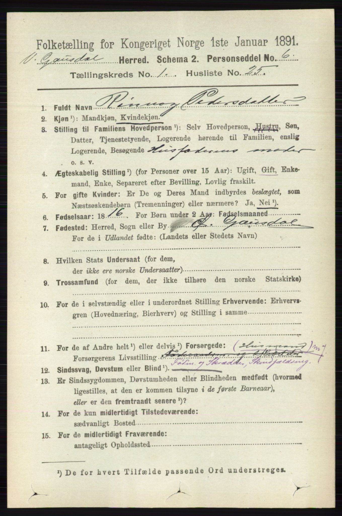 RA, 1891 census for 0523 Vestre Gausdal, 1891, p. 198