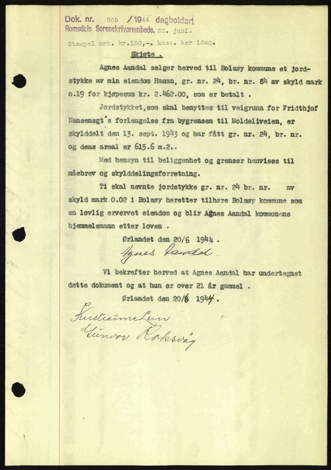 Romsdal sorenskriveri, SAT/A-4149/1/2/2C: Mortgage book no. A16, 1944-1944, Diary no: : 865/1944